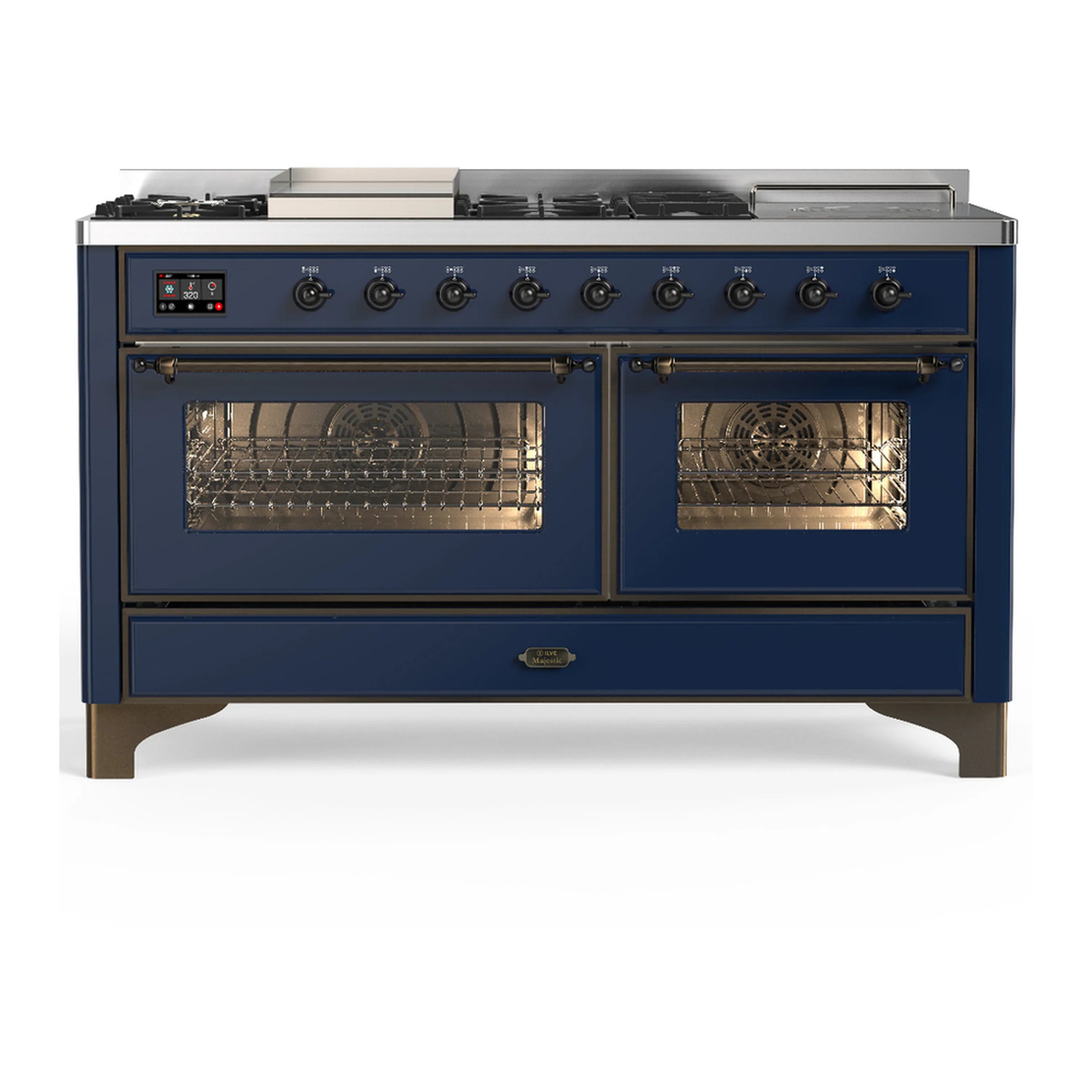 Midnight blue dual fuel range with knobs and two glass oven doors