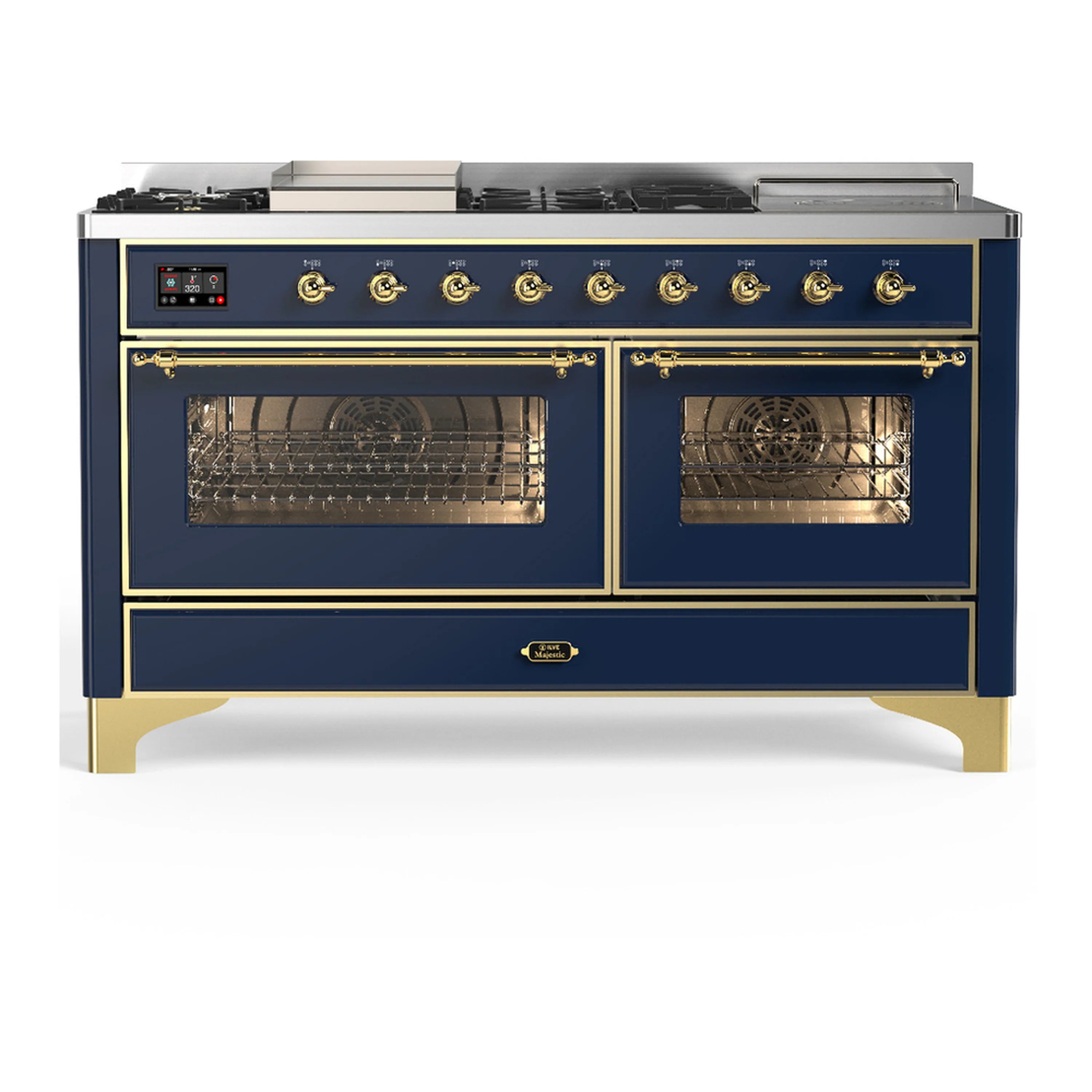 ILVE dual fuel range in blue-grey with brass trim; two glass oven doors and control knobs