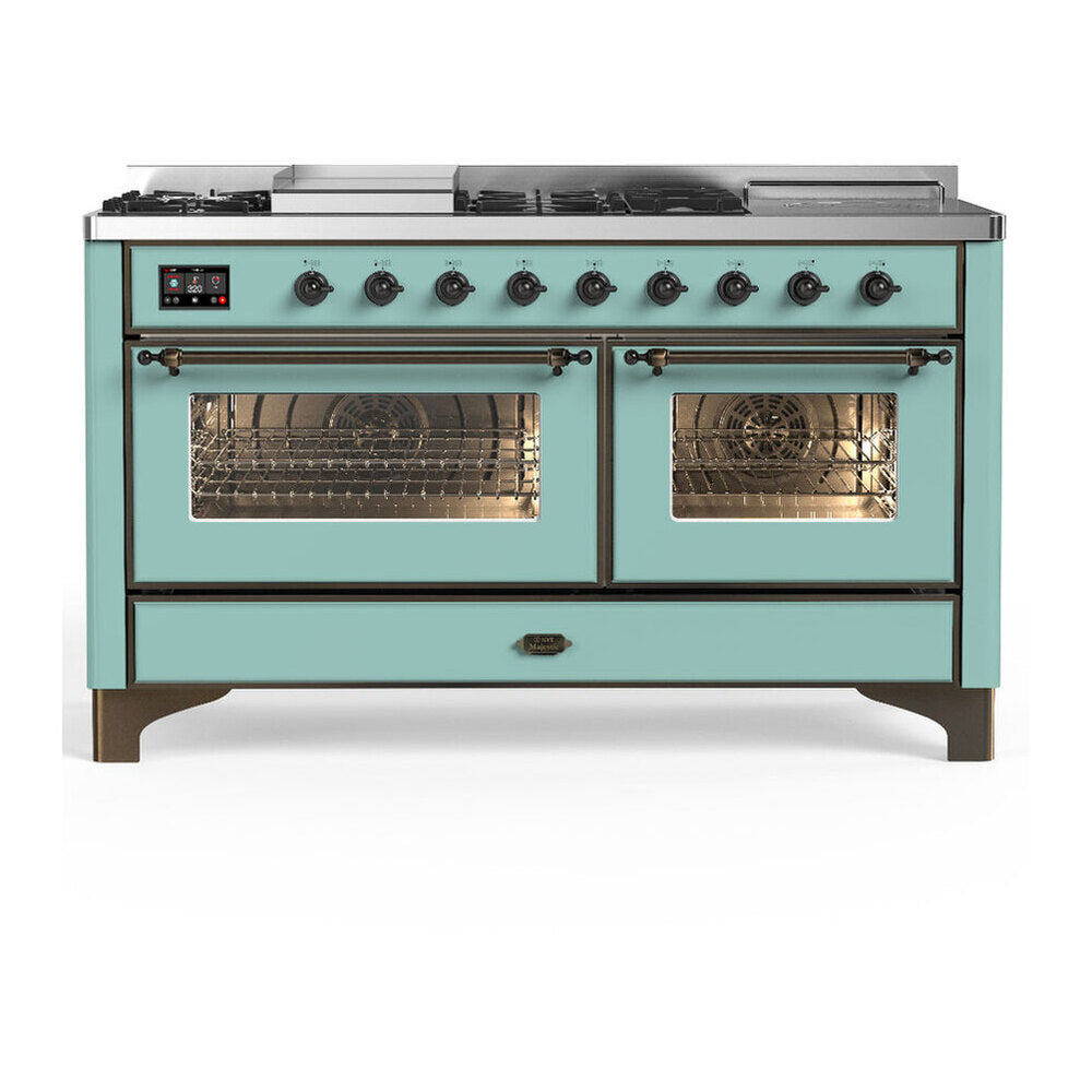 ILVE Majestic III 60-inch Dual Fuel Range with 7 Natural Gas Burner, Griddle, French Top and Triple Glass Door Electric Oven in Mediterranean Mint with Burnished Trim (UM60FSNR3MMB)