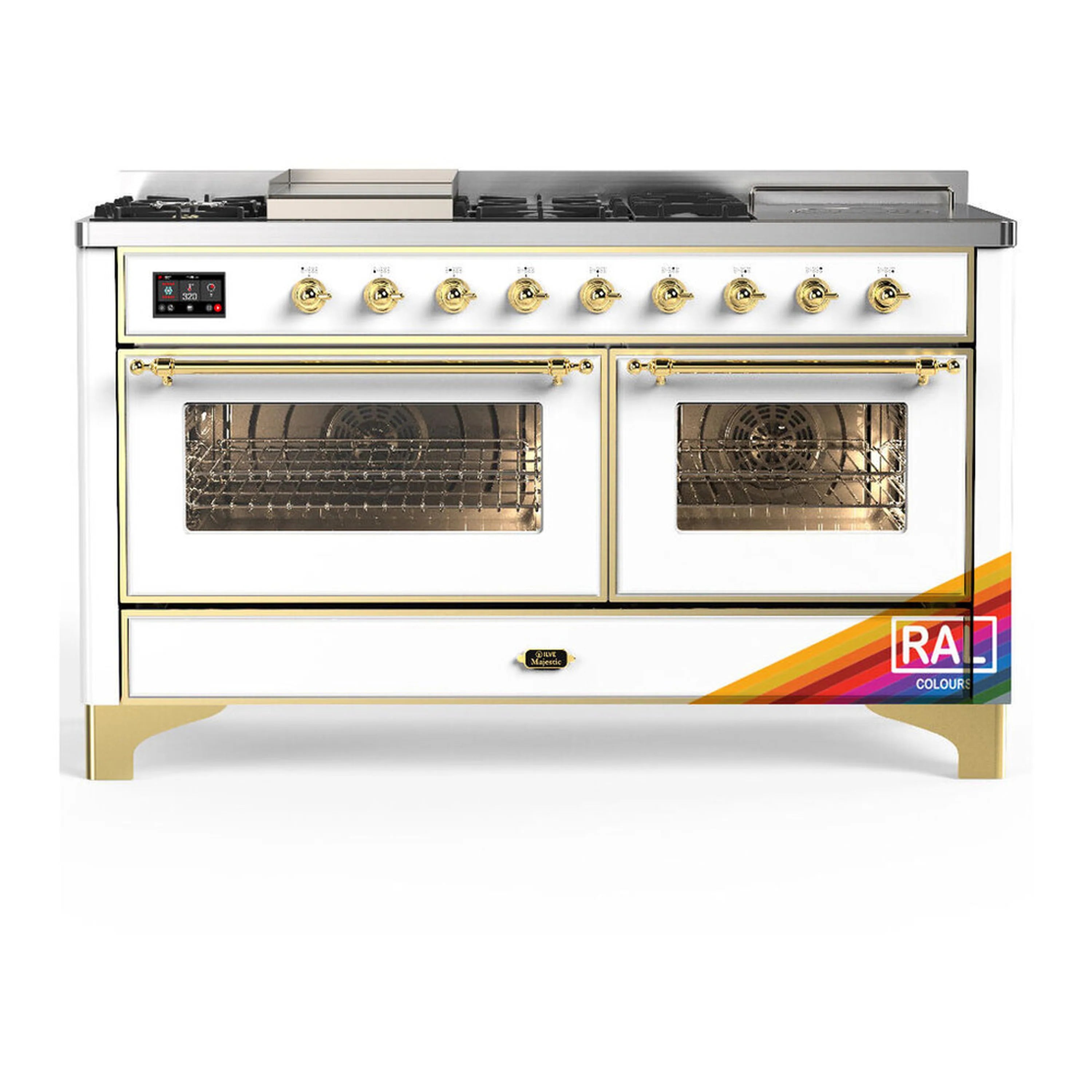 Brass-trimmed white dual-fuel range with five burners, griddle, and two glass oven doors