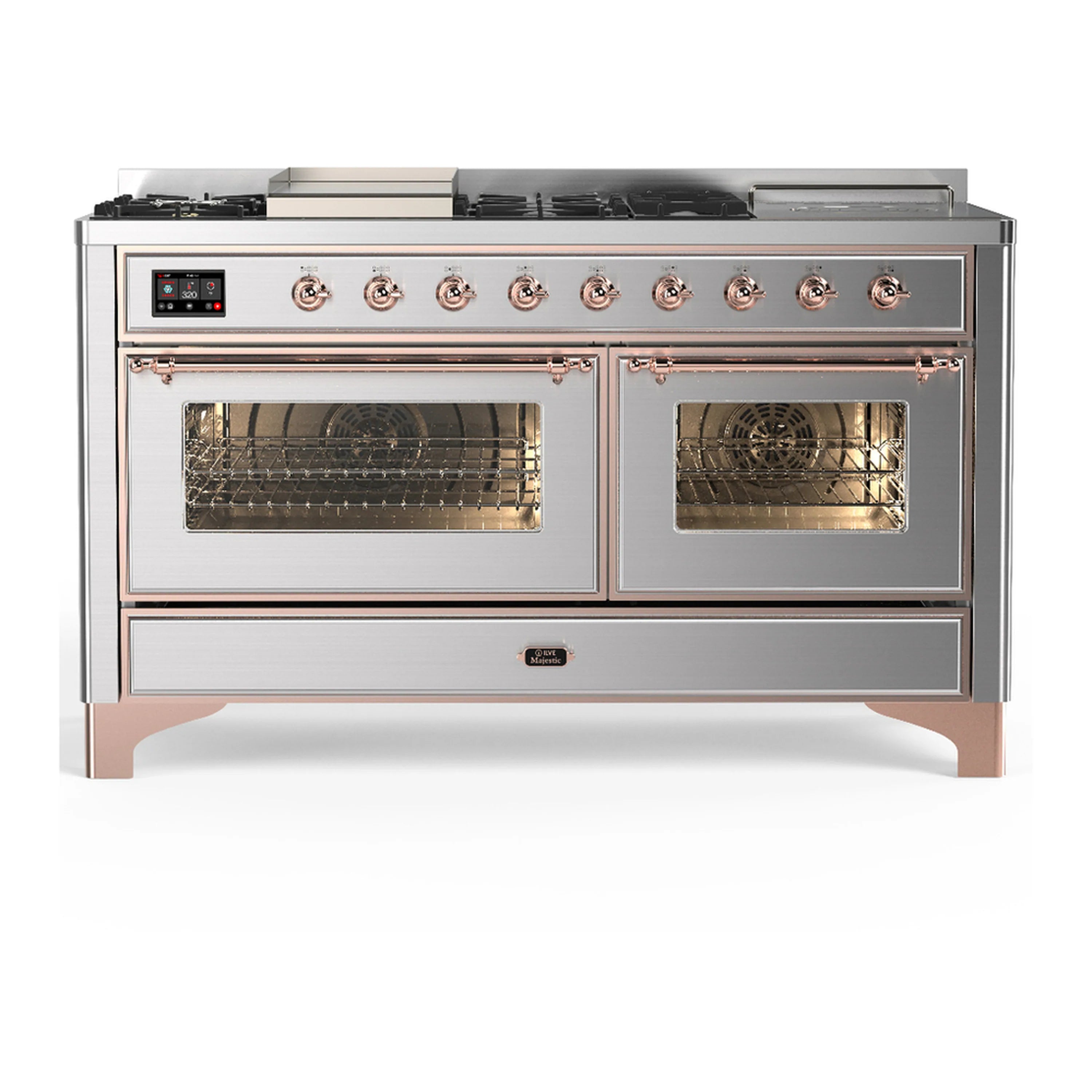 Stainless steel dual fuel range with copper trim, two oven doors, and front control knobs.