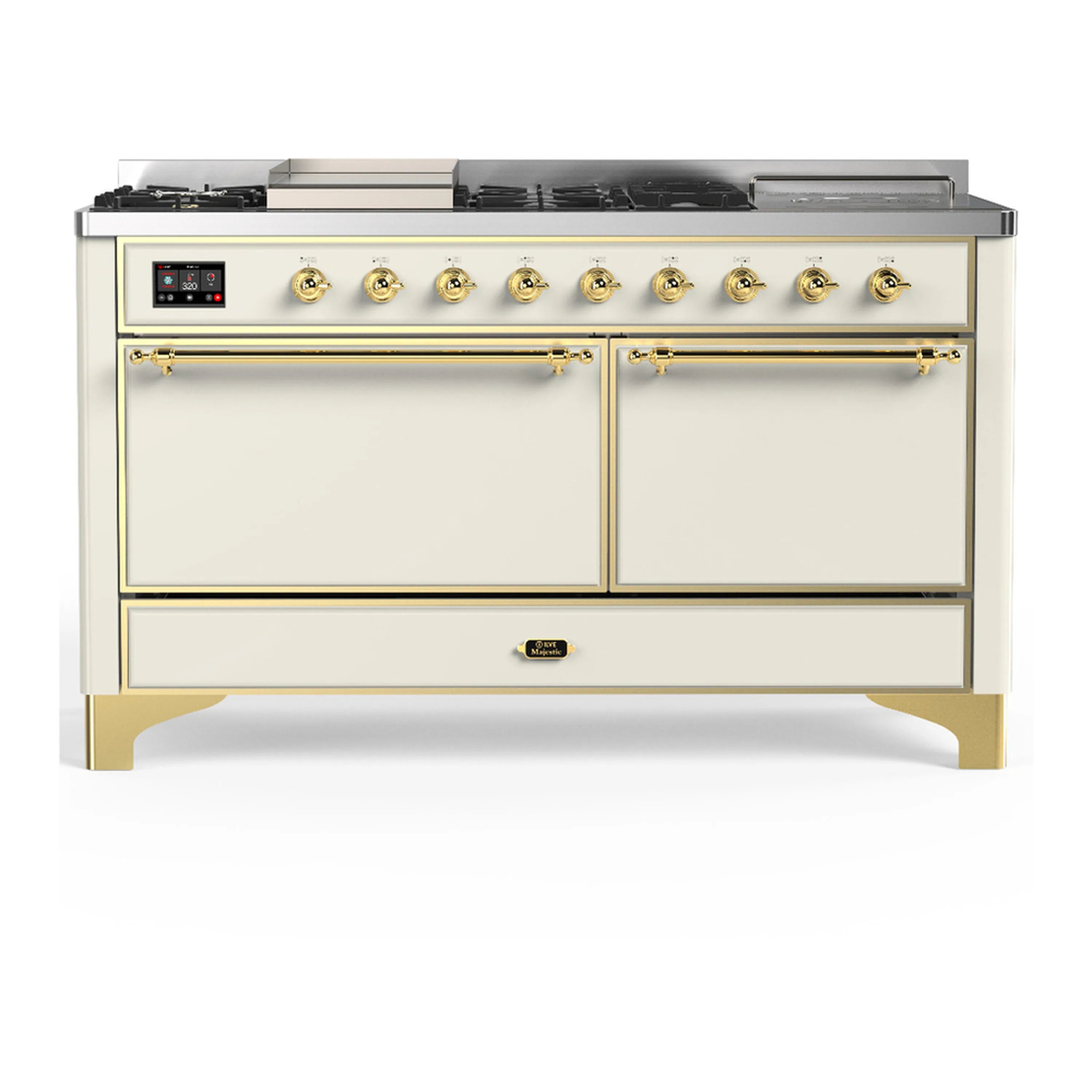 Antique white dual fuel range with brass trim, front control panel and two oven doors