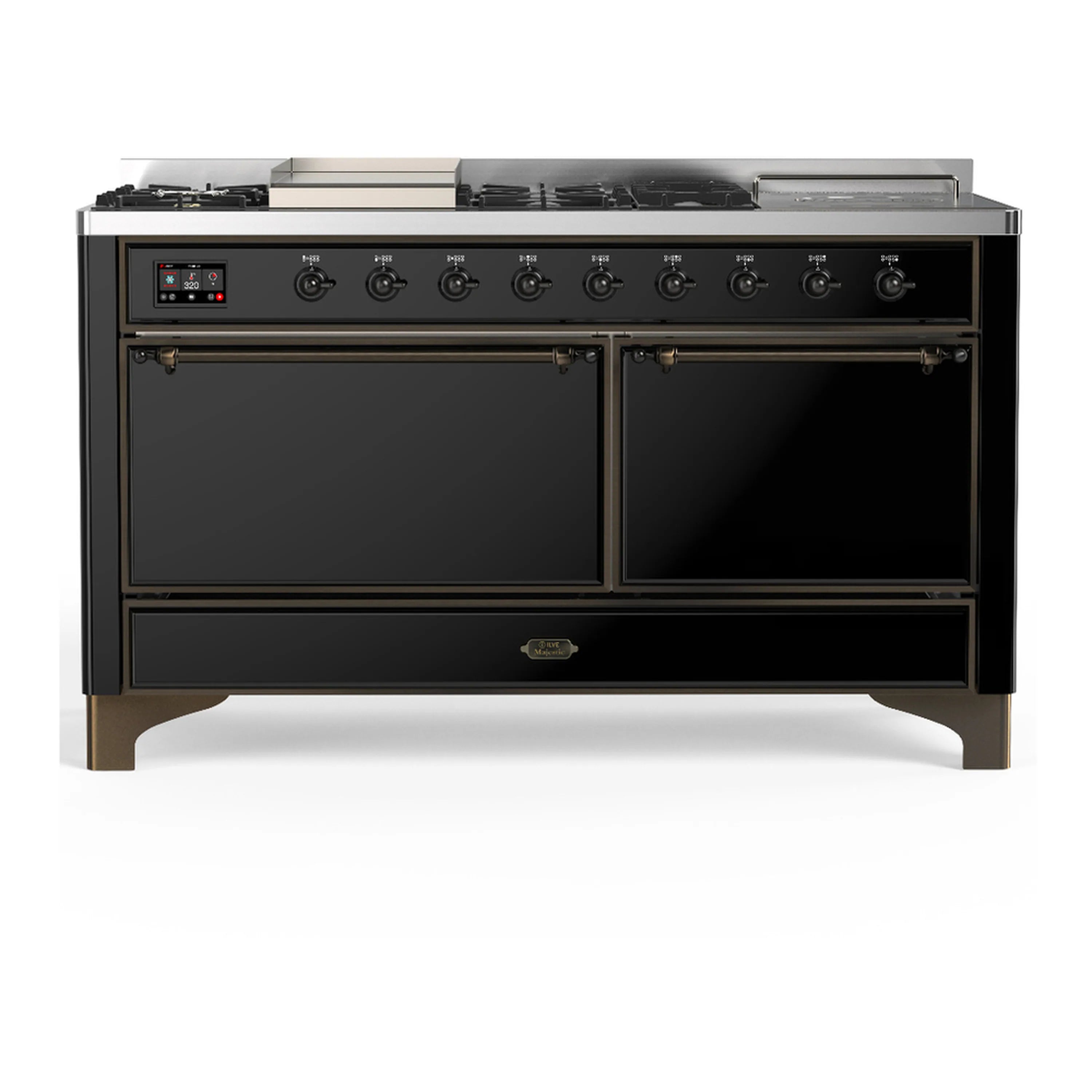 Glossy black dual fuel range with two oven doors and control knobs, burnished trim