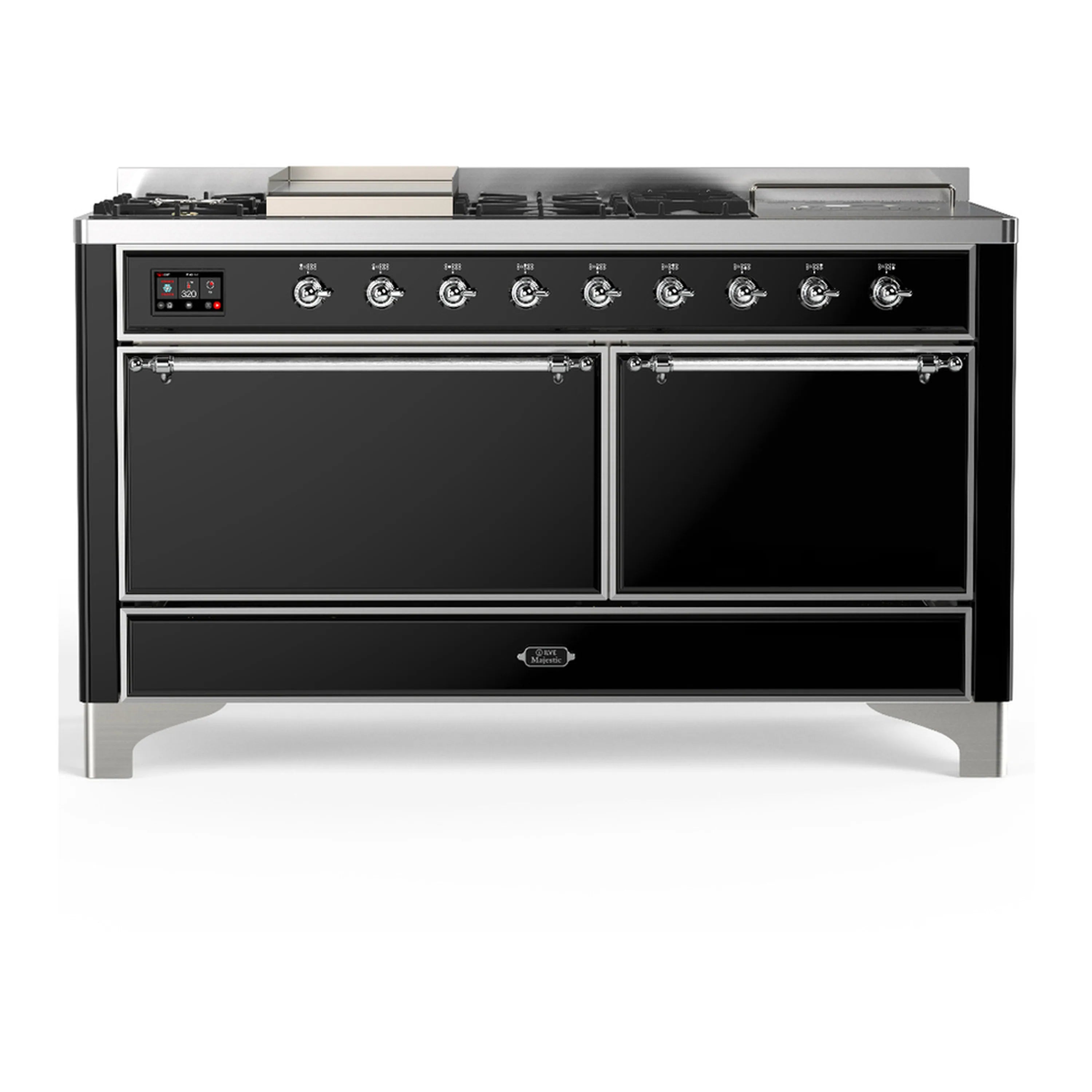 Glossy black dual-fuel range with chrome trim, front control panel, and double oven doors