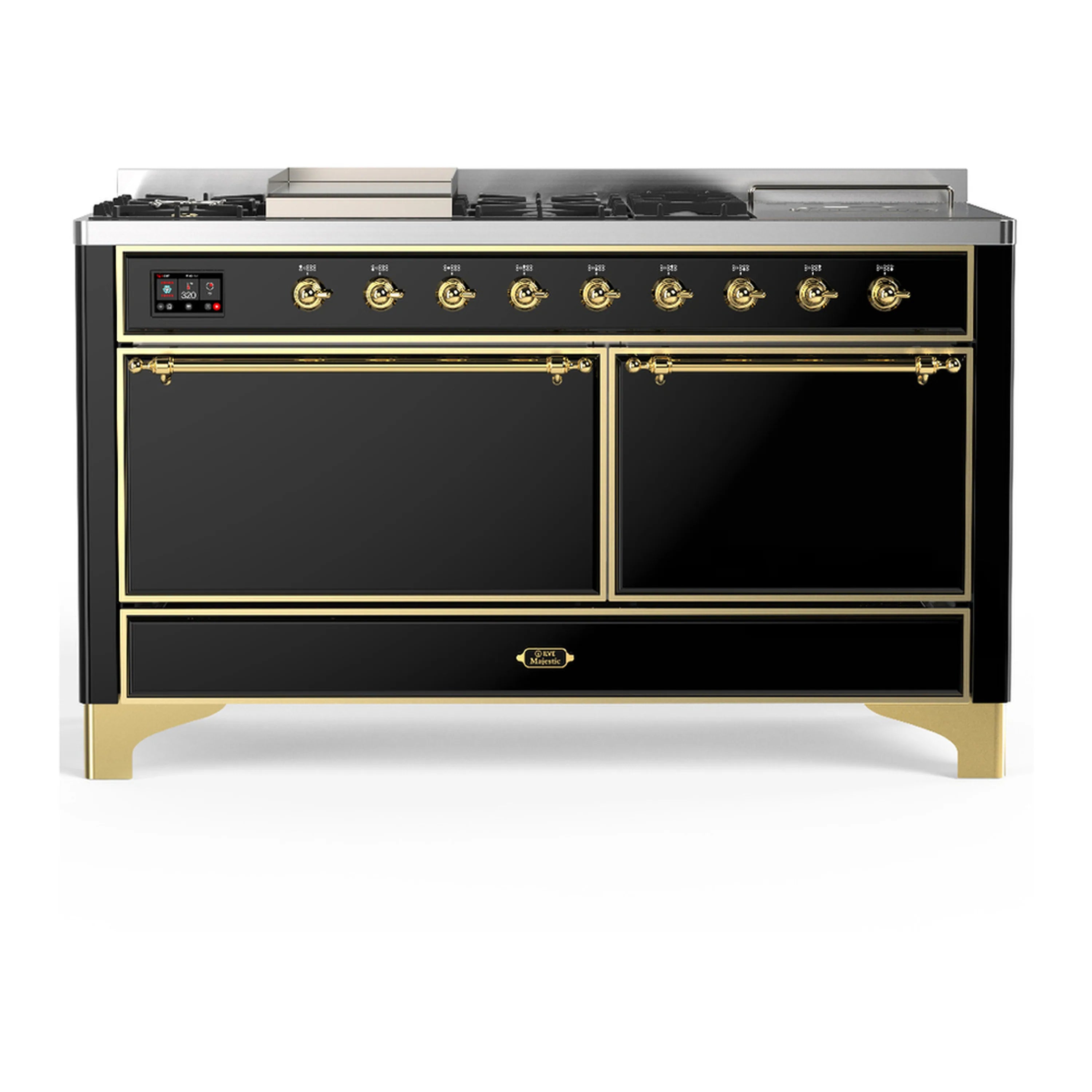 Glossy black dual-fuel range with brass trim, control panel, and two oven doors