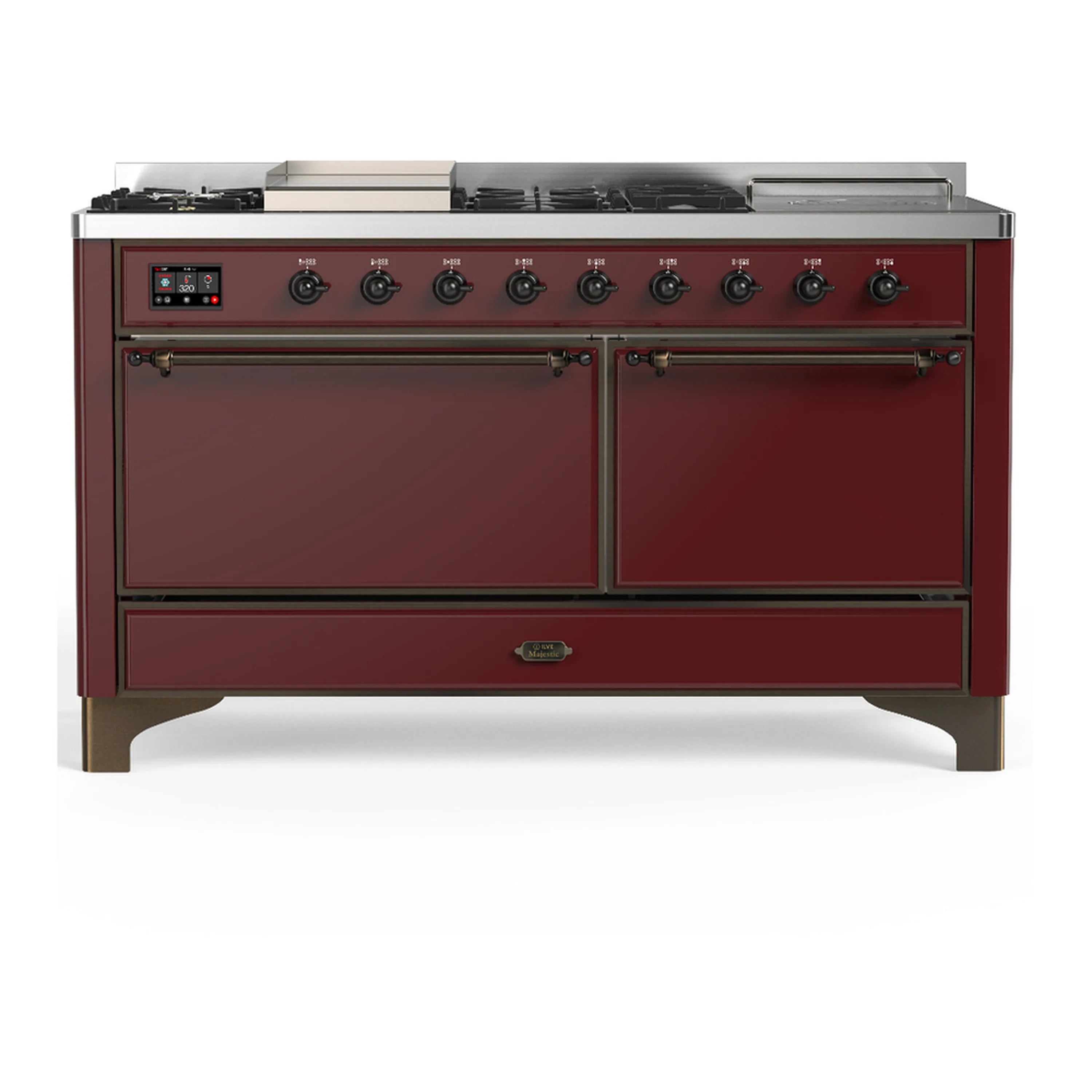 Burgundy dual fuel range with two upper doors and stainless control strip