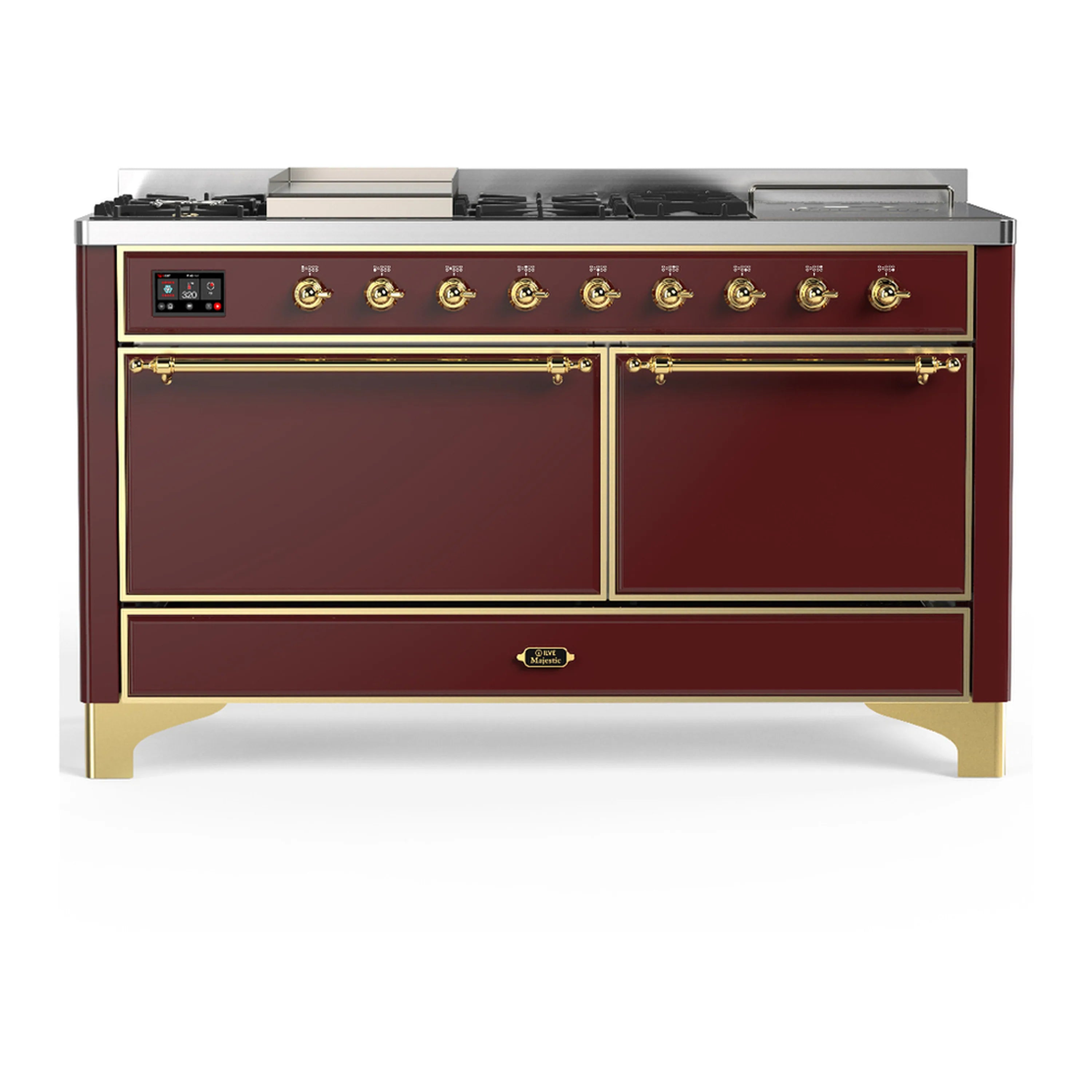 Burgundy dual fuel range with brass trim, front control panel and two cabinet doors