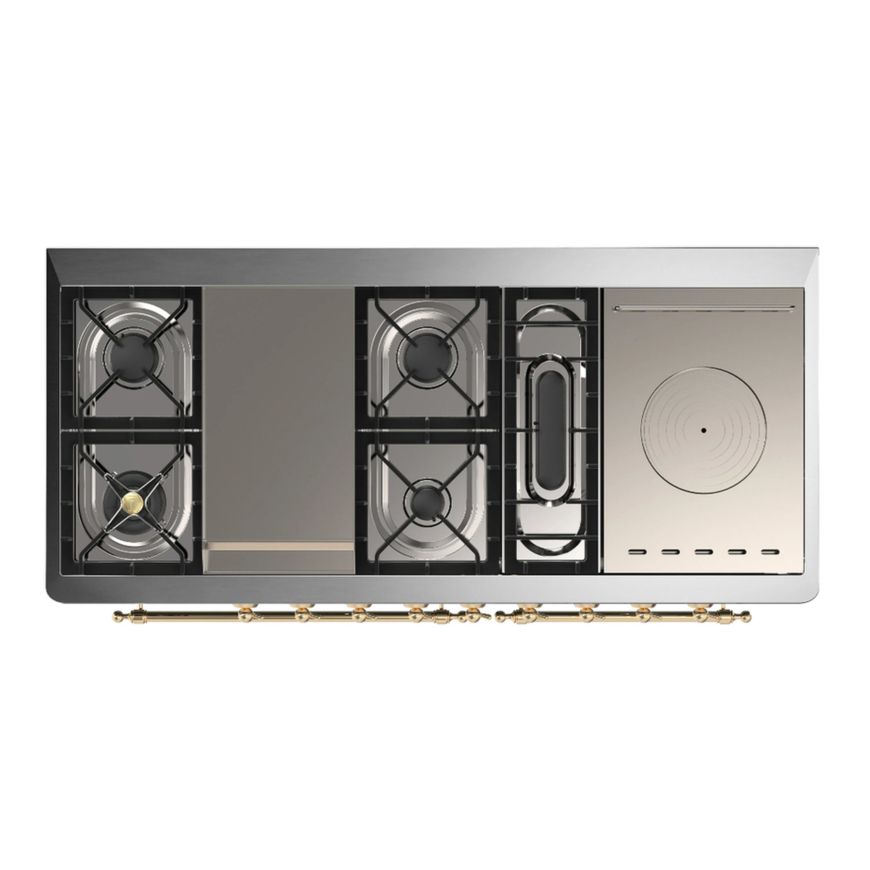 Dual fuel range underside view with burners and built-in cooktop modules