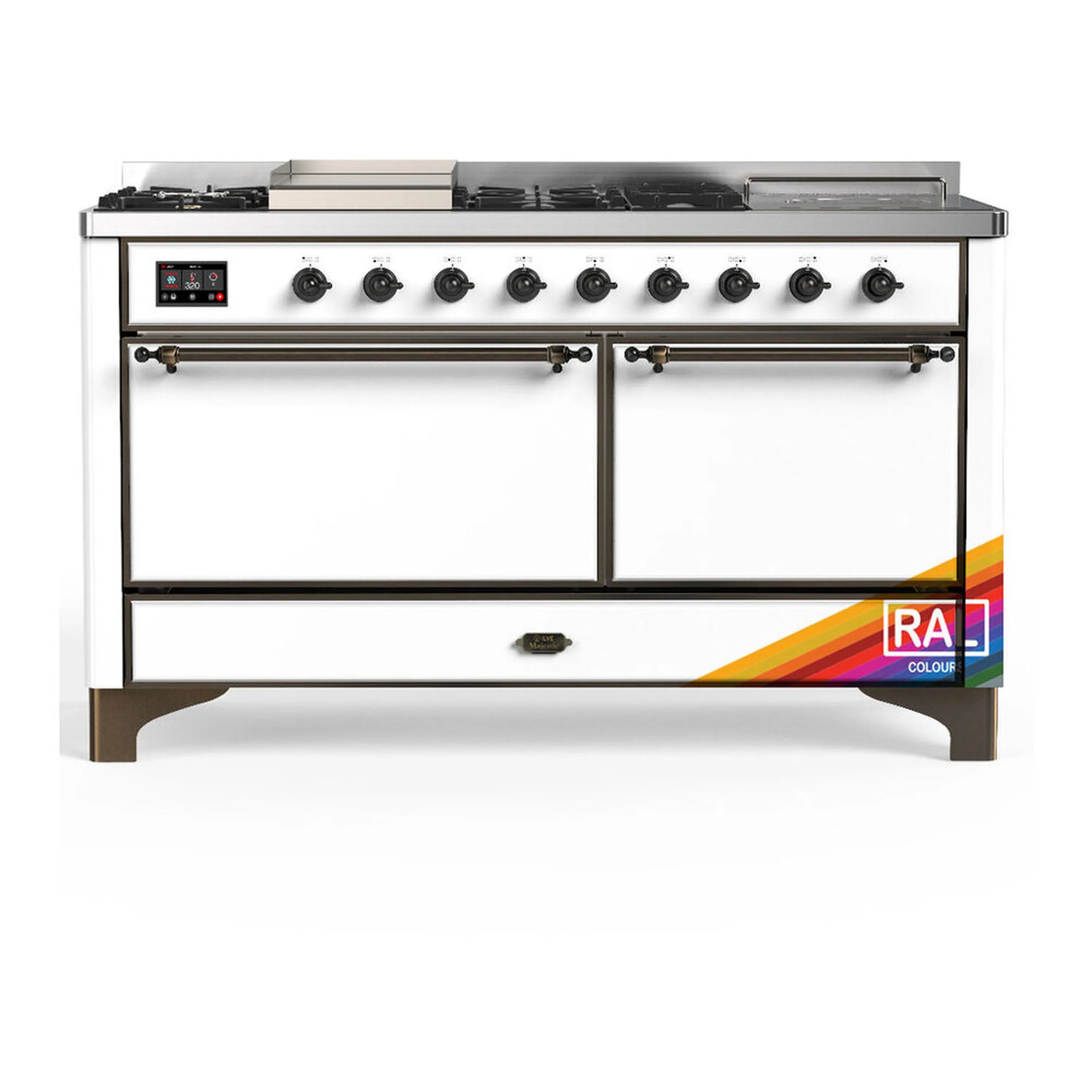 ILVE dual fuel range front view with knobs, griddle, and dual oven doors