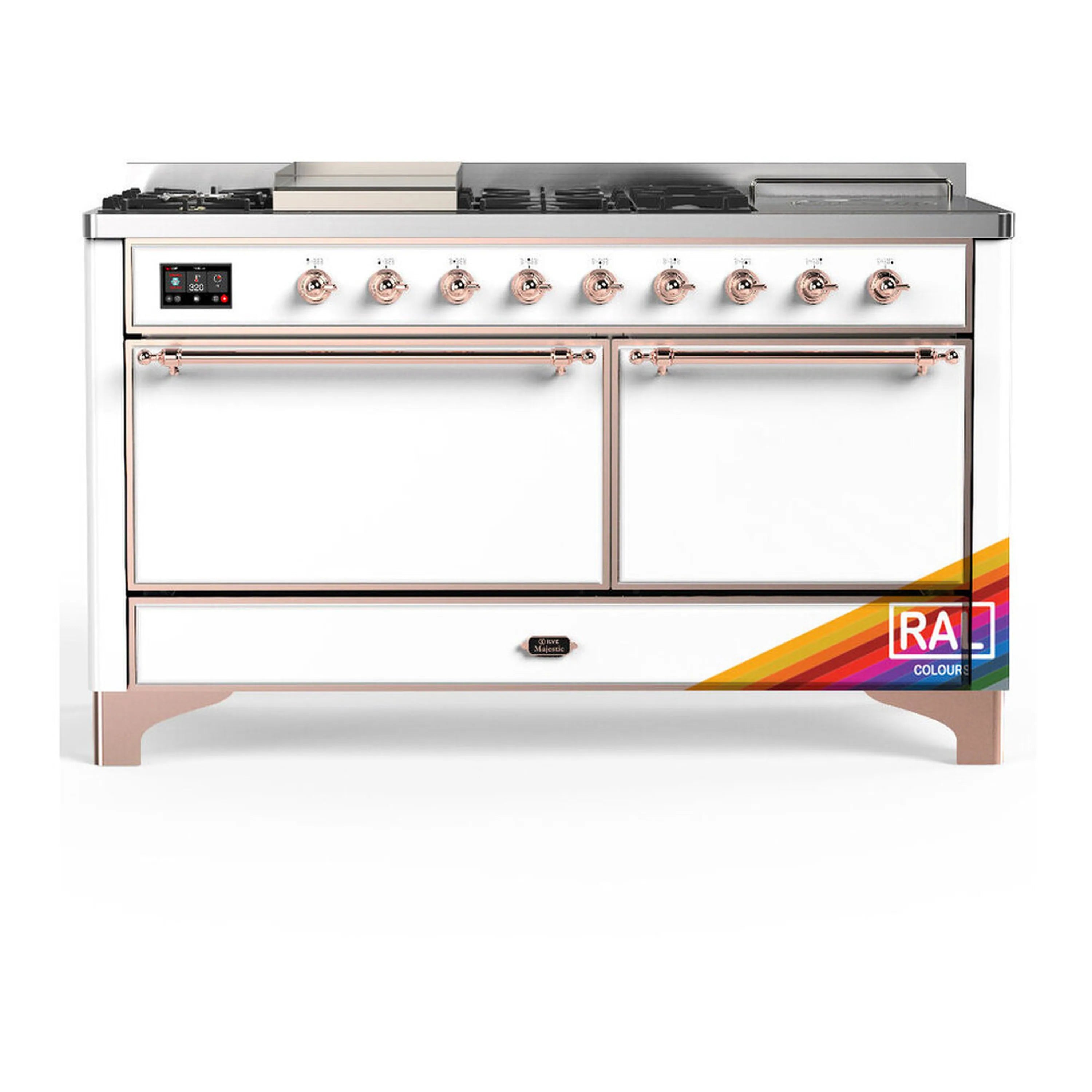 Dual fuel range with copper-trimmed doors and front control knobs