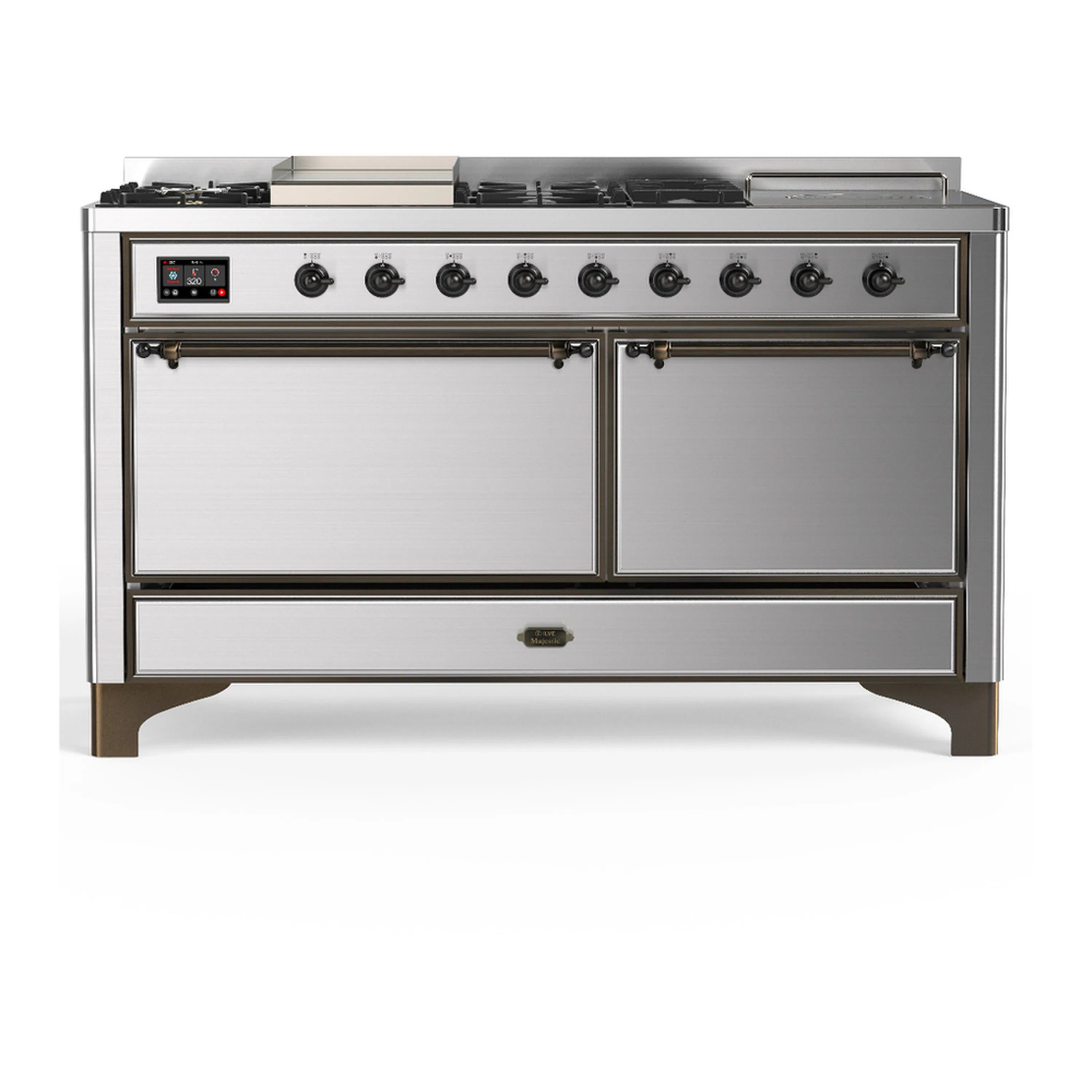 Stainless steel dual fuel range with burners and two closed oven doors, front view