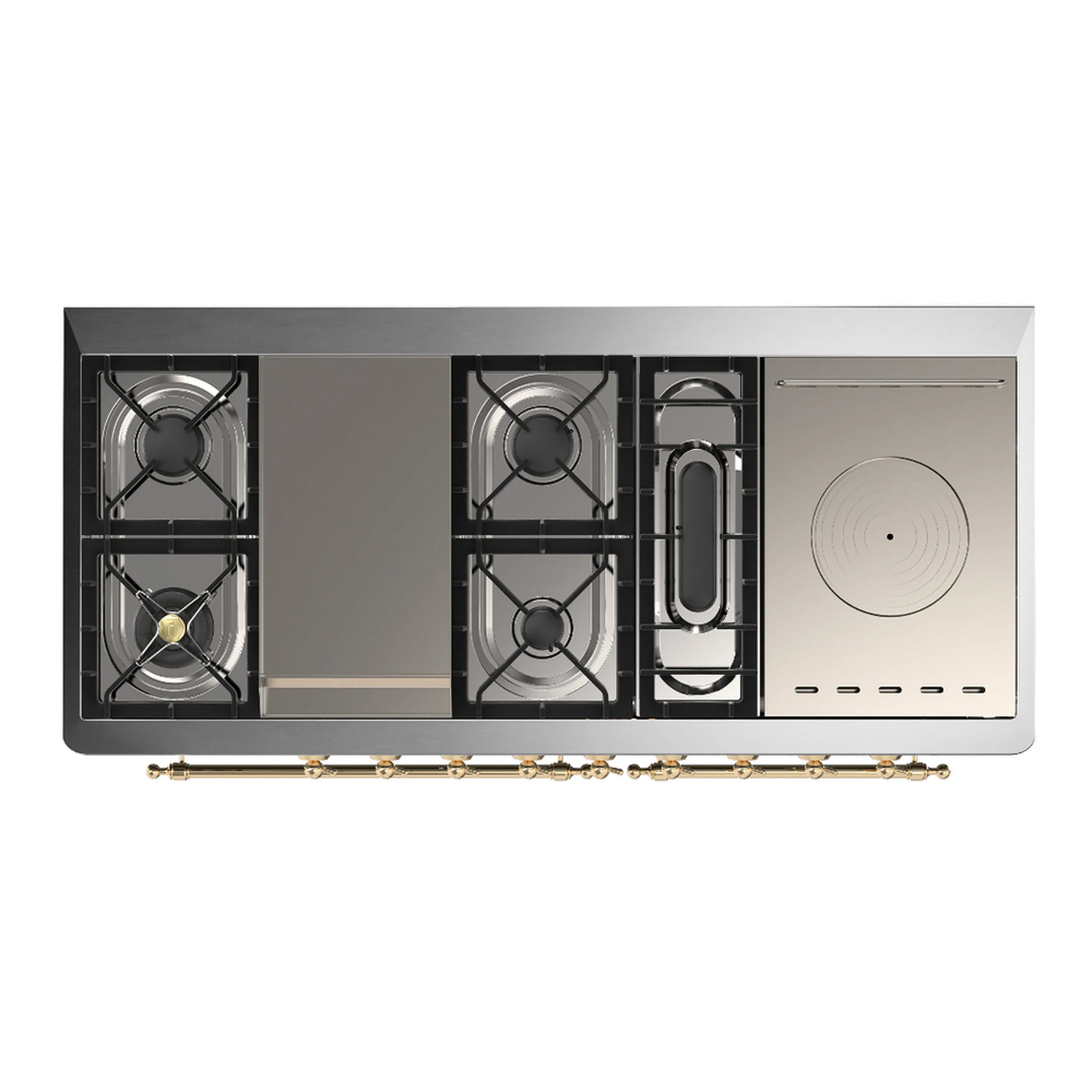 Dual fuel cooktop with four gas burners and a solid-top electric section