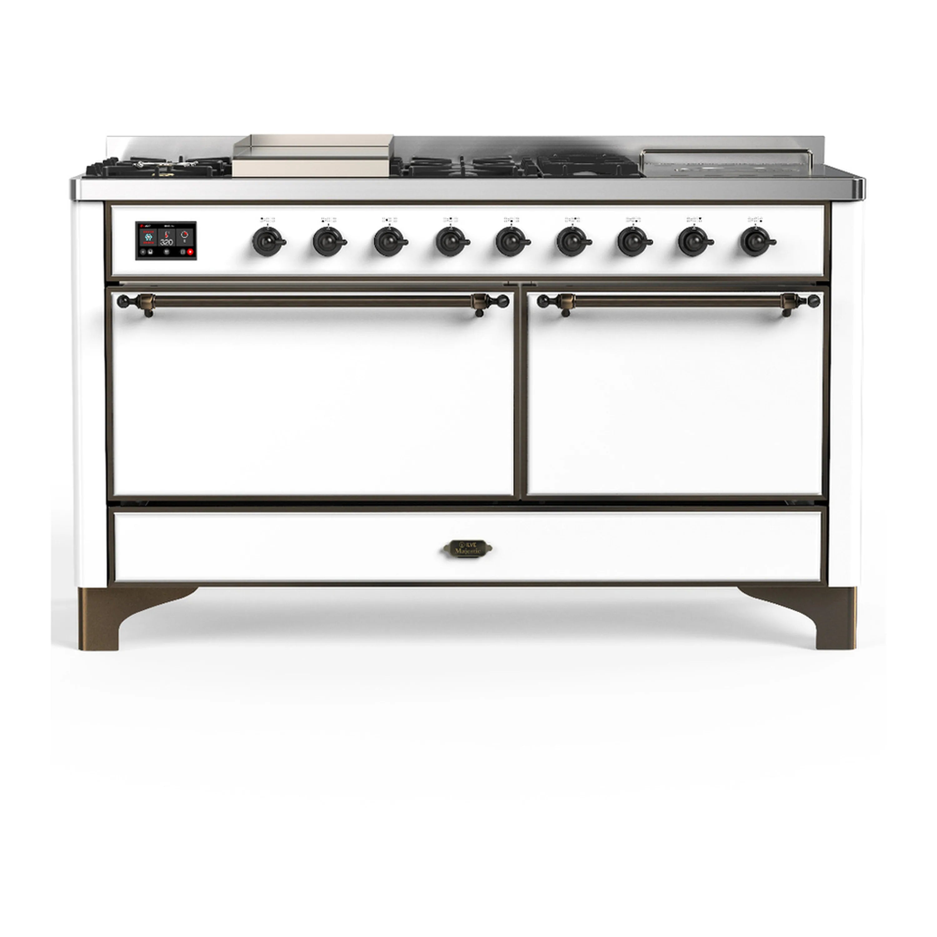 White dual fuel range with brass trim, control knobs, and two closed oven doors