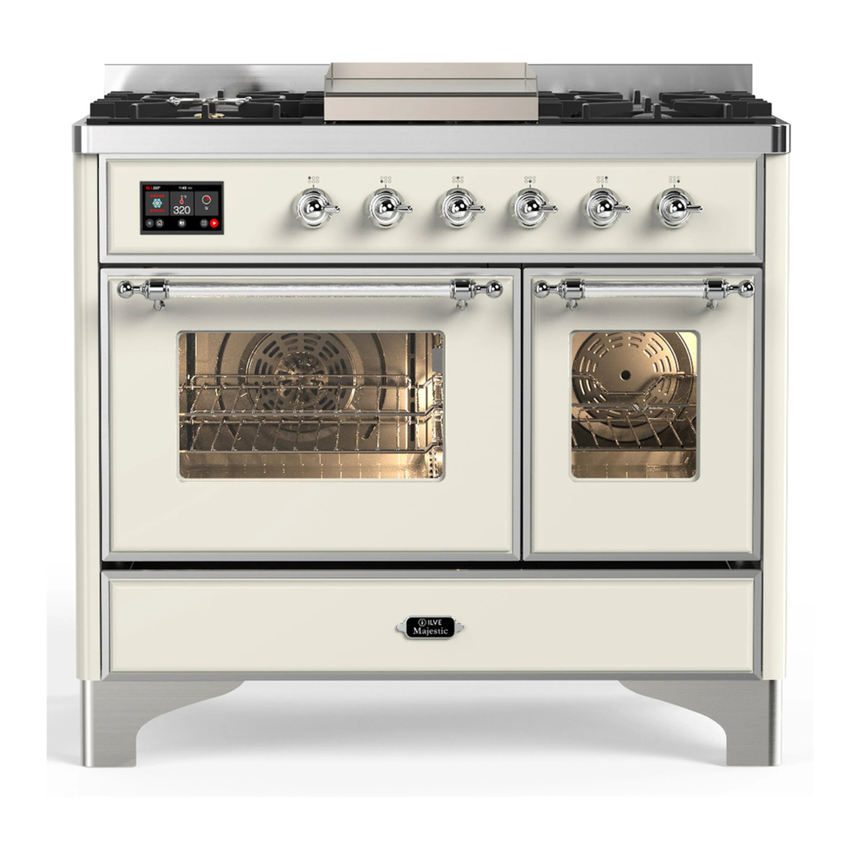 Dual fuel range with two ovens, chrome control panel, and glass oven windows