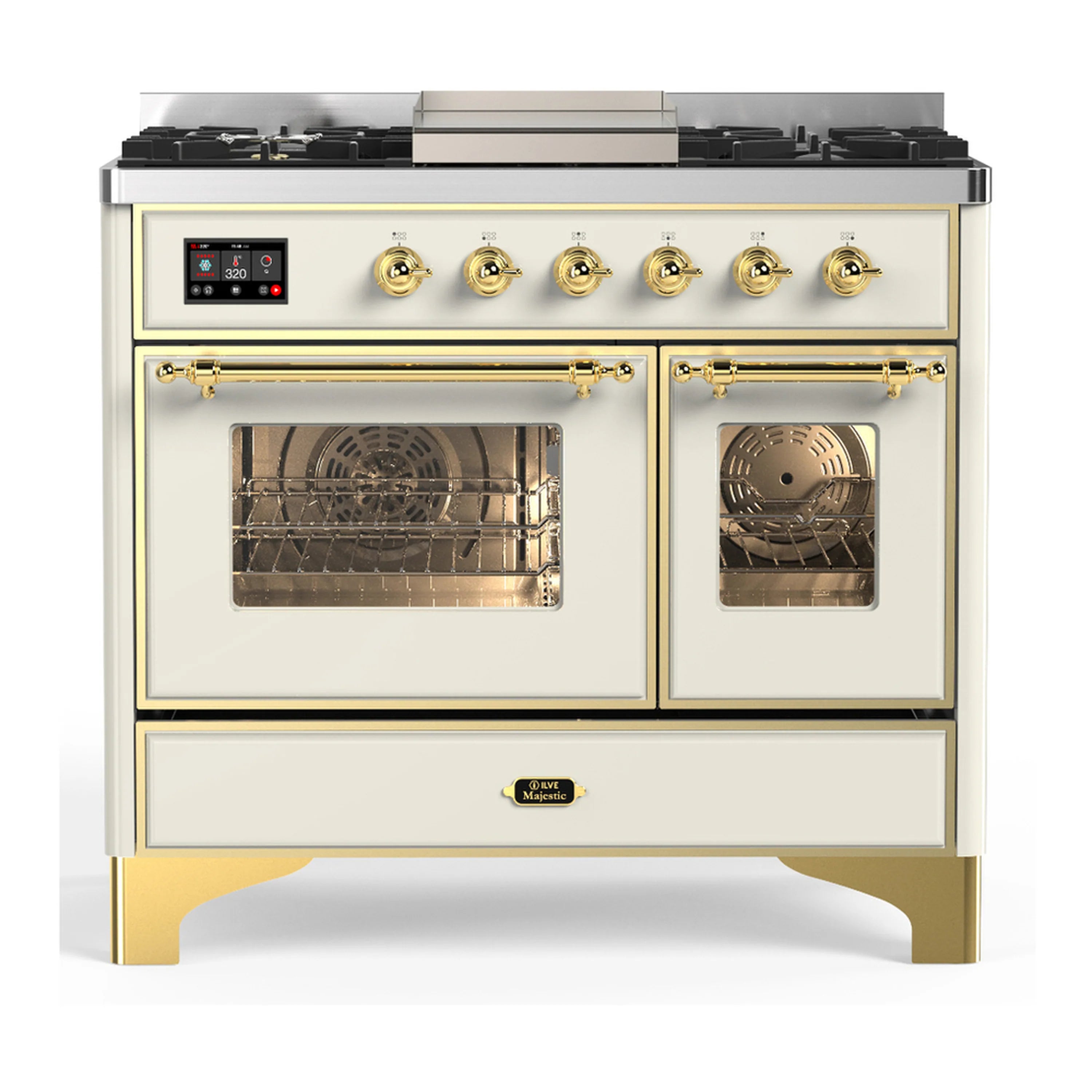 Antique white dual fuel range with two ovens, brass knobs, and windowed compartments