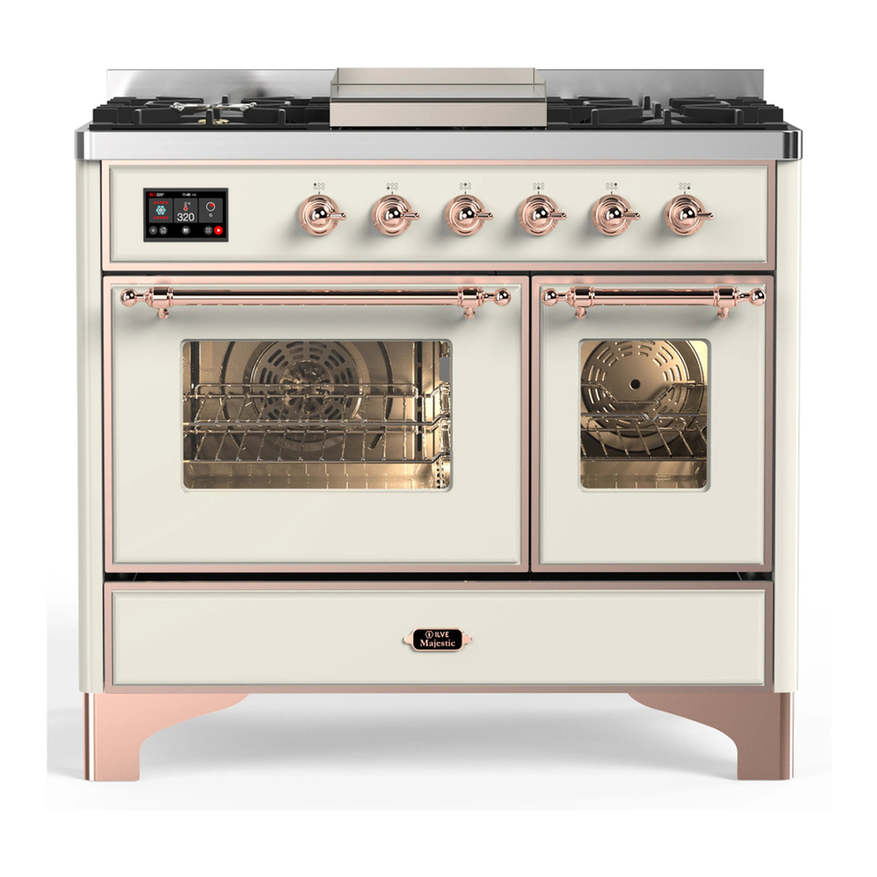 Antique white dual fuel range with two oven doors, copper knobs, and black cooktop grates