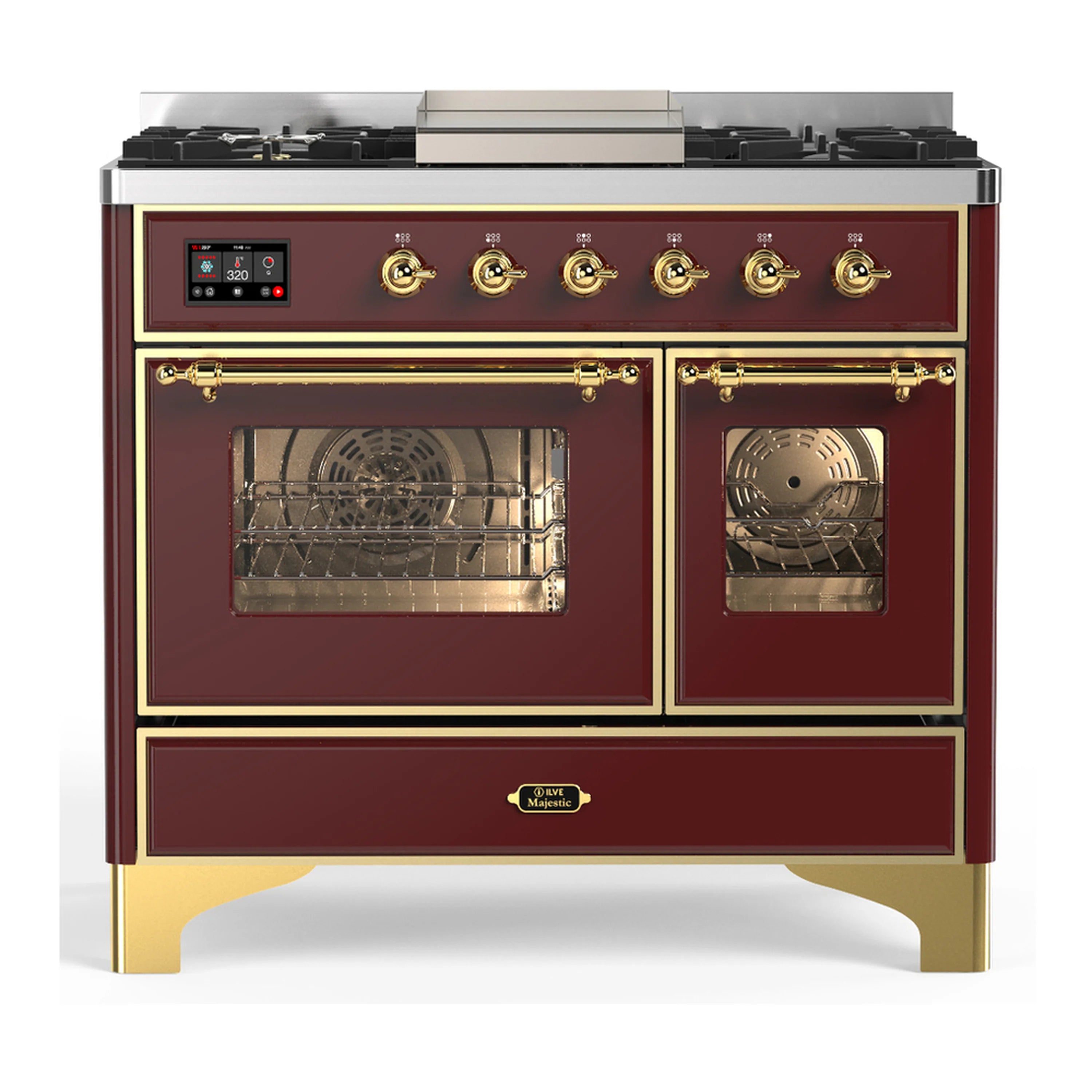 Burgundy dual-fuel range with brass knobs and double oven doors