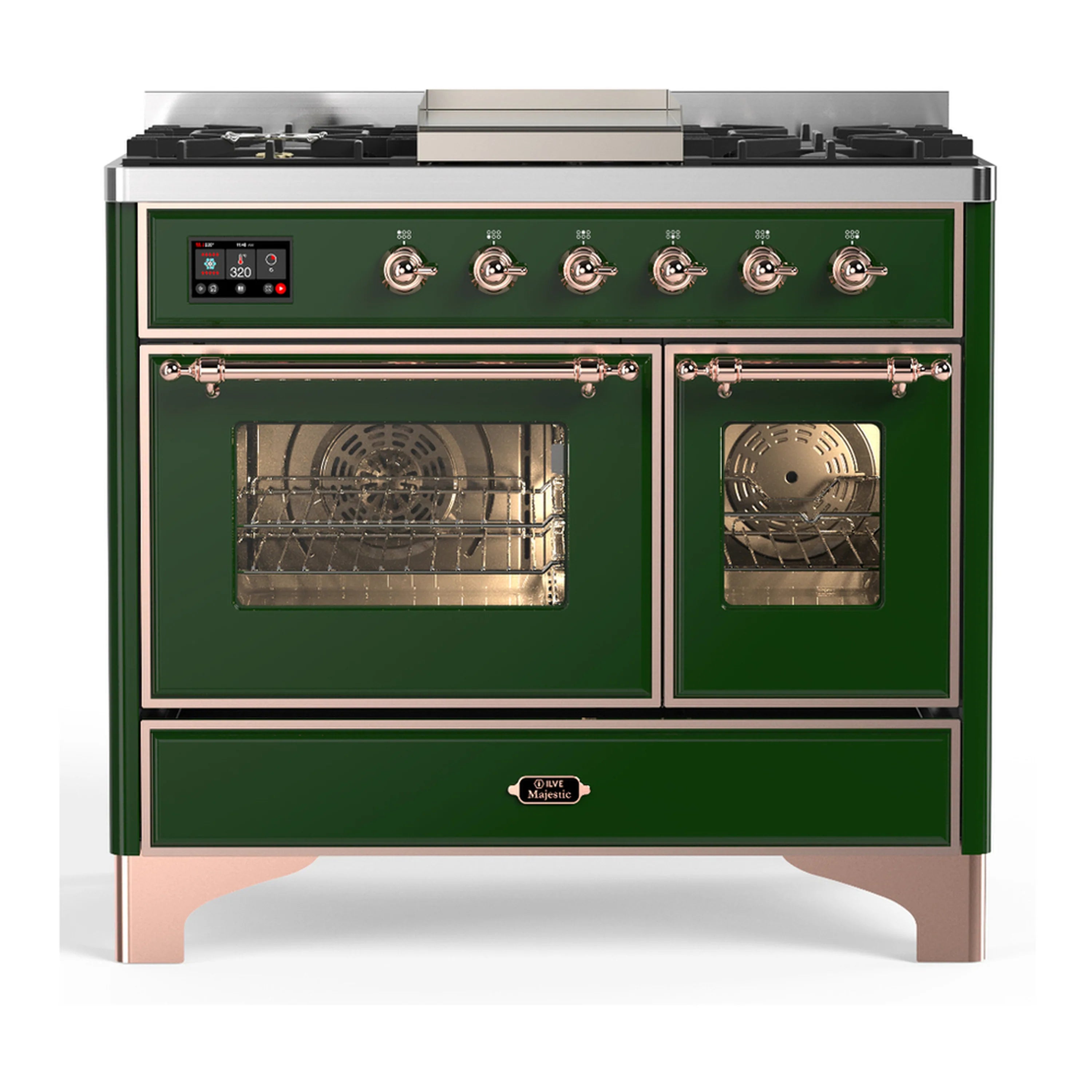 Emerald green dual fuel range with two oven windows and interior racks visible