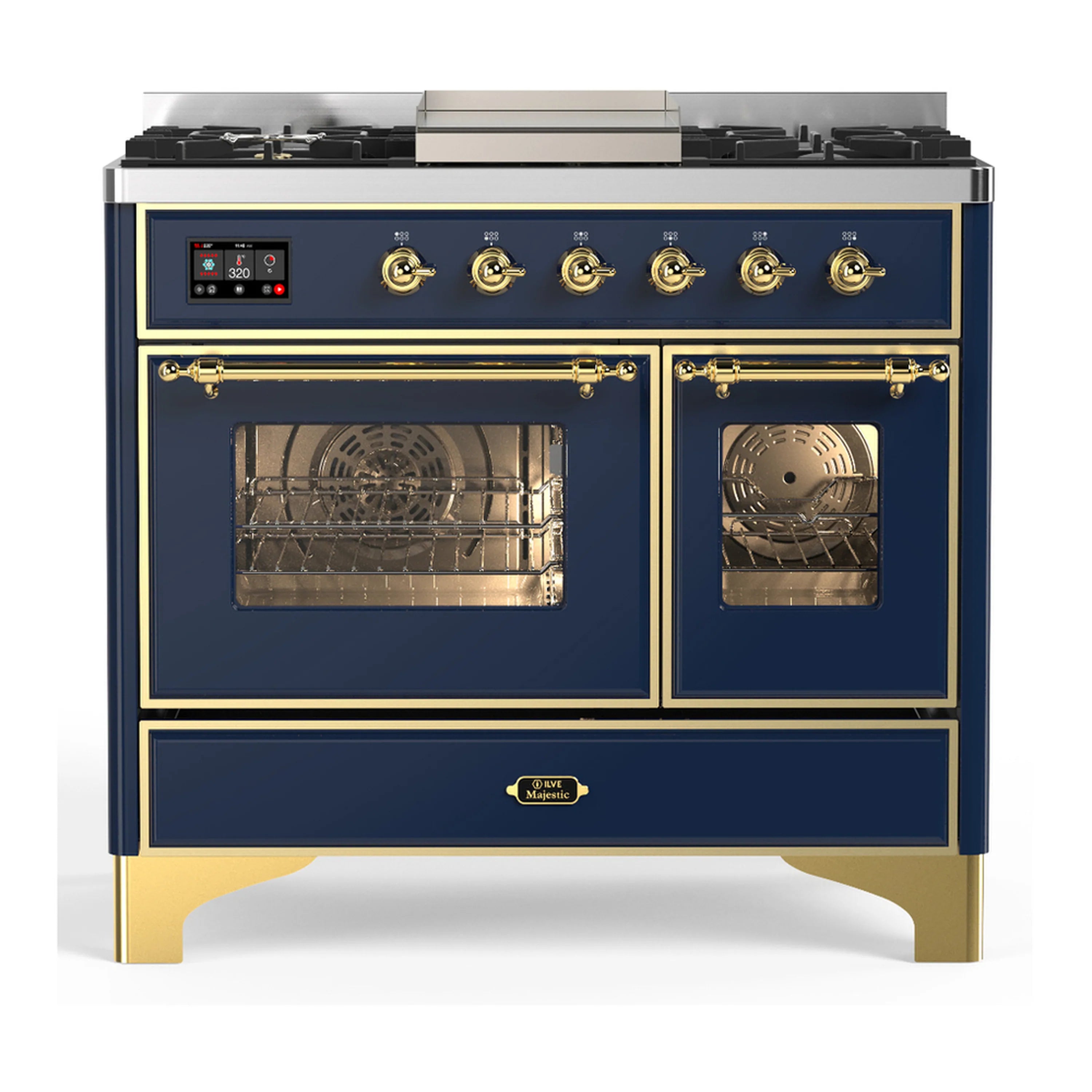 Blue grey dual fuel range with brass trim, oven doors and control panel, front view