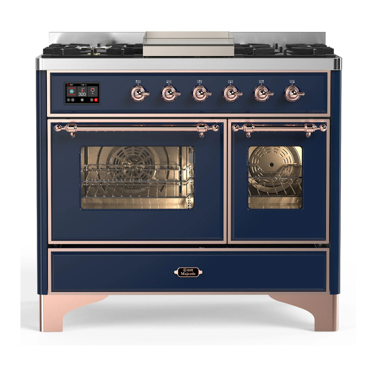 Midnight blue dual fuel range with copper trim; right oven open and left oven closed