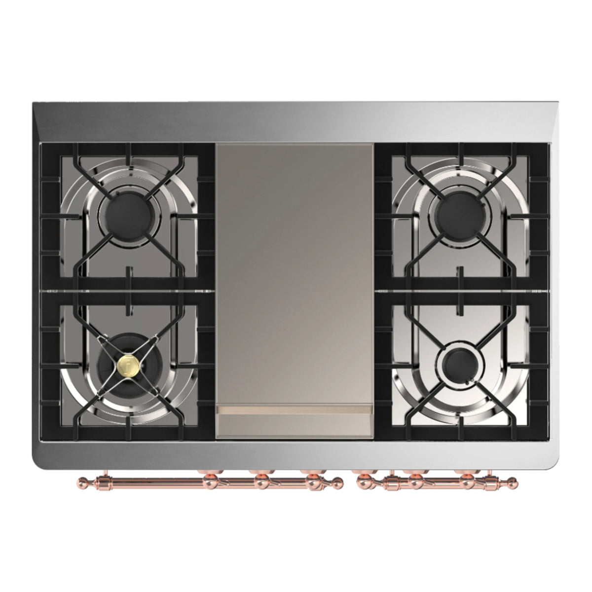 Dual fuel range cooktop with four gas burners and griddle section, top-down view