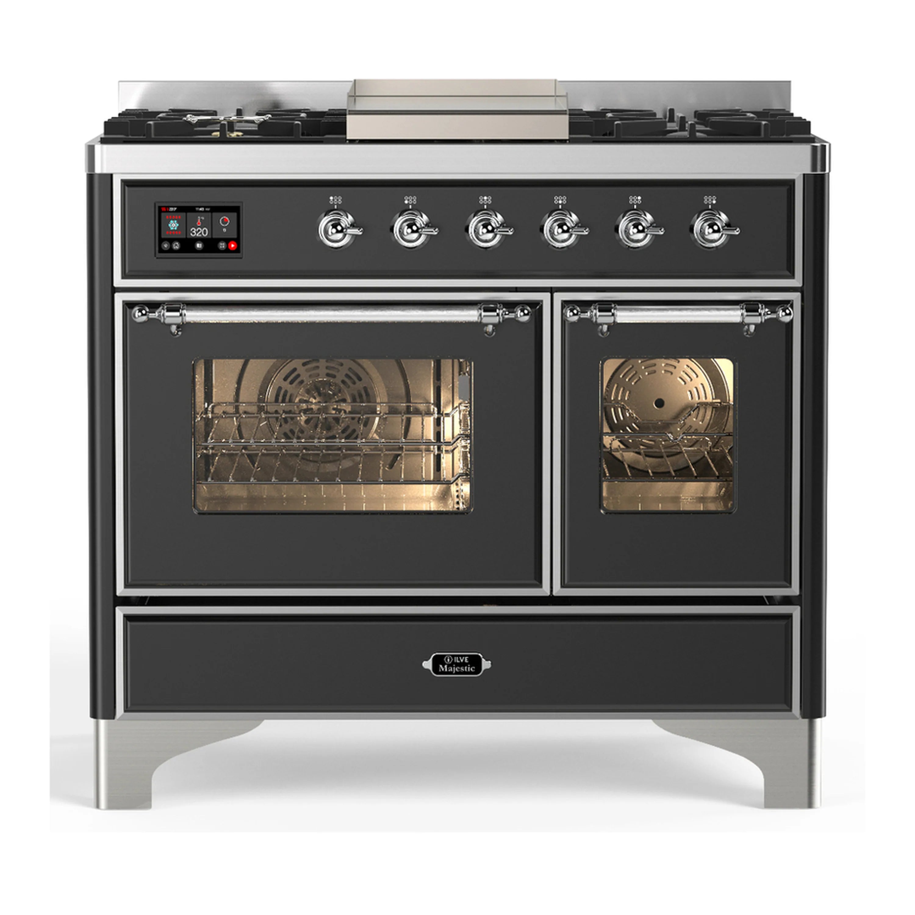 Graphite dual-fuel range front with left oven and right oven open, racks in both chambers