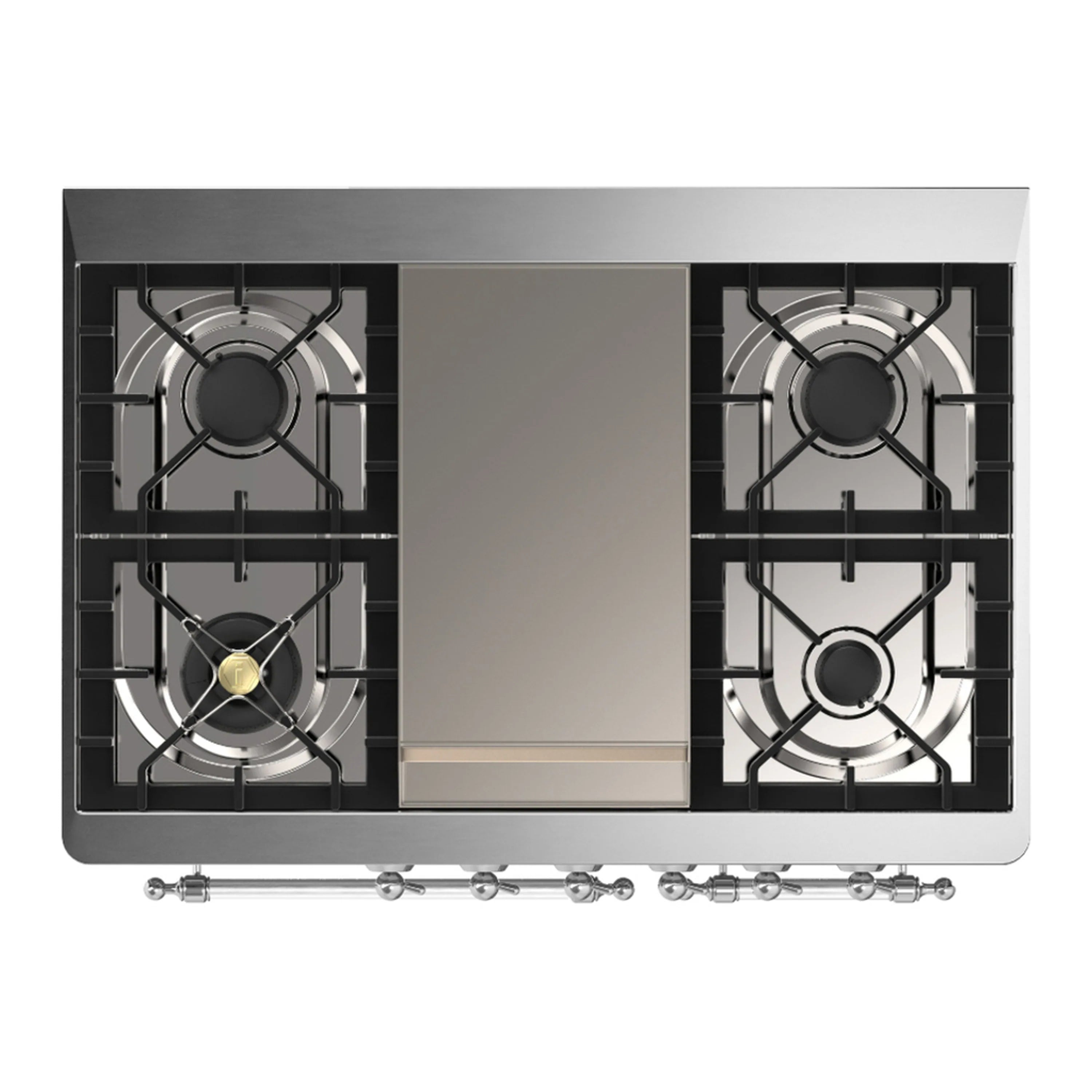 Graphite dual-fuel range cooktop with four gas burners and central griddle, stainless grates