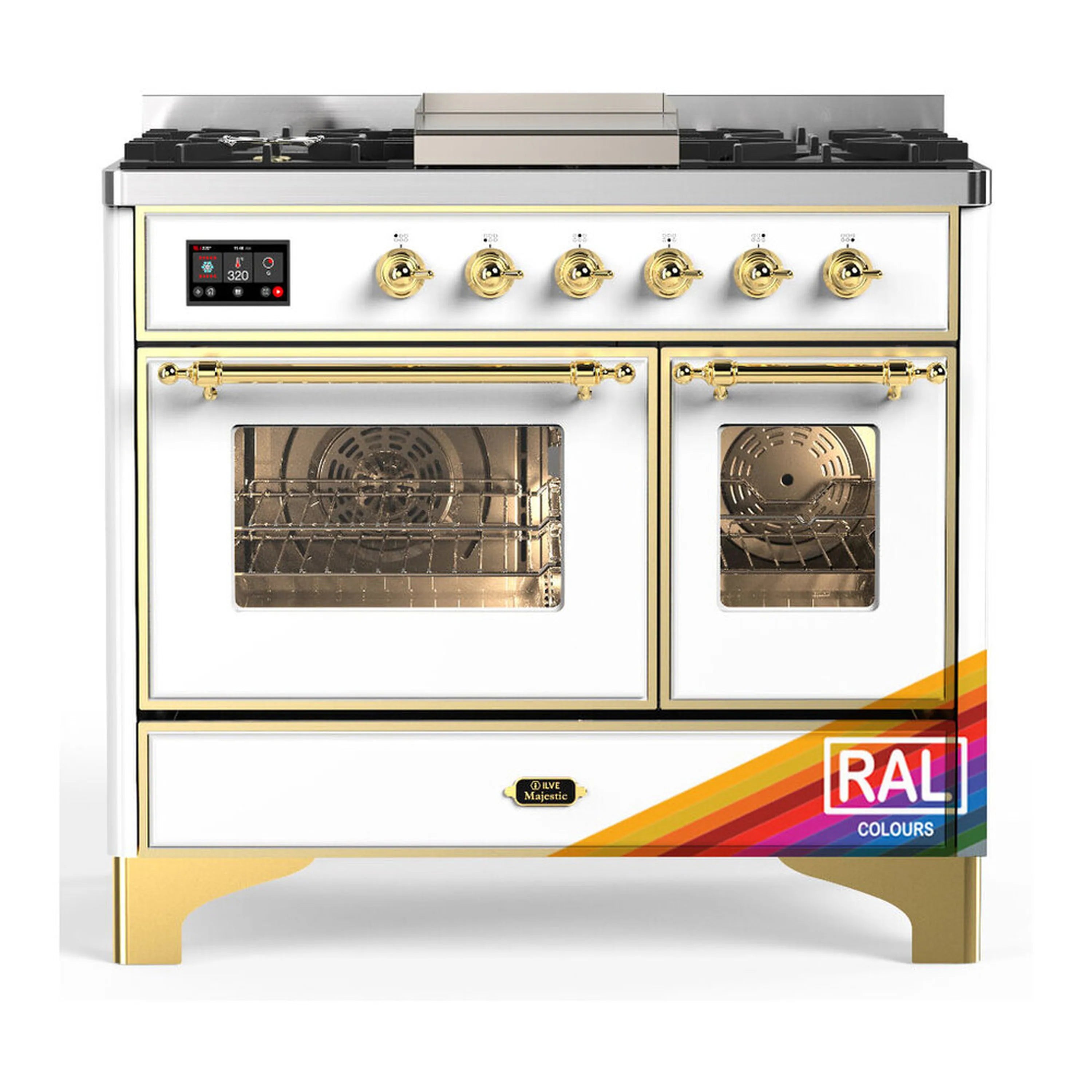 White dual fuel range with brass trim, six burners, and two glass oven doors