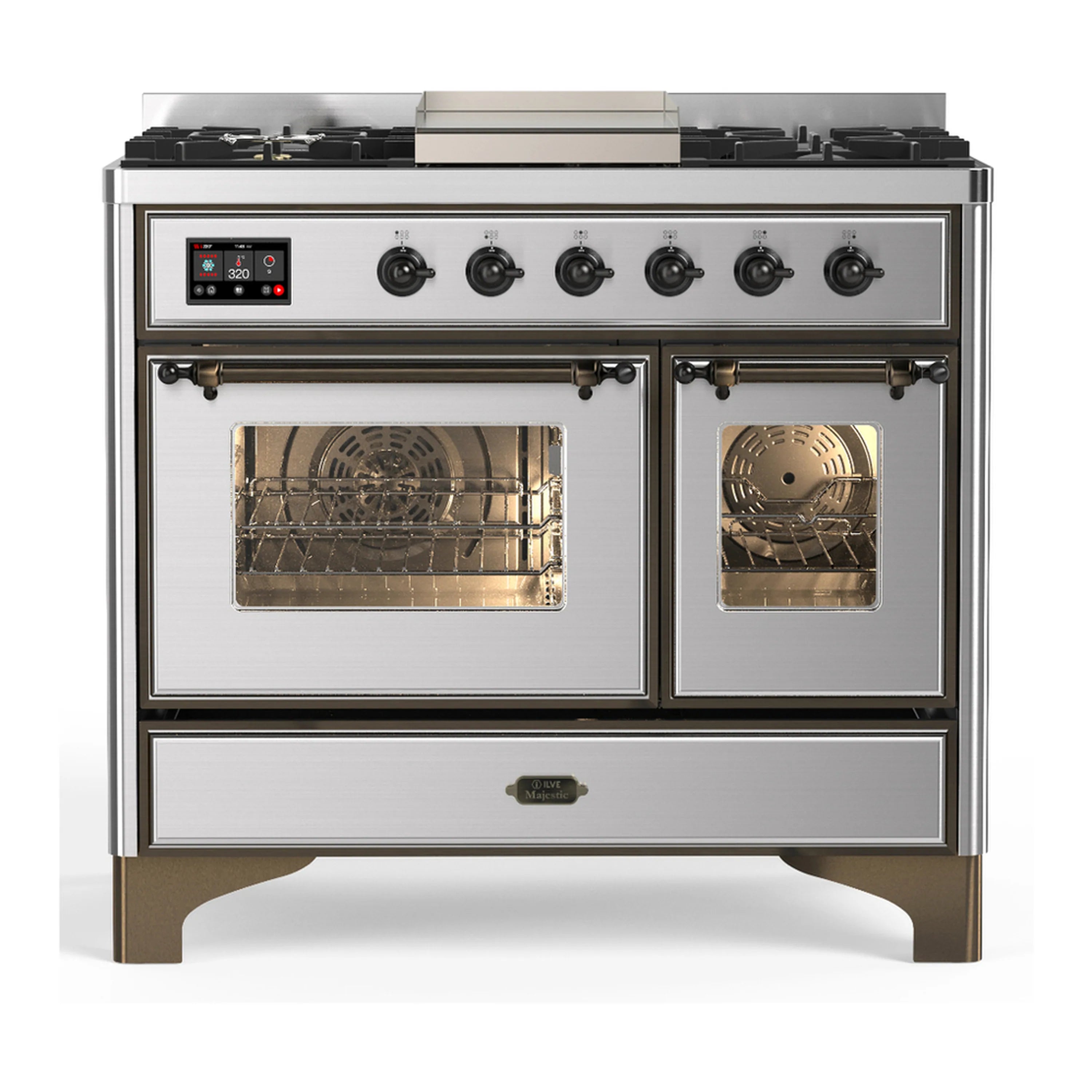 Stainless steel dual fuel range with closed oven doors, control knobs, and storage drawer
