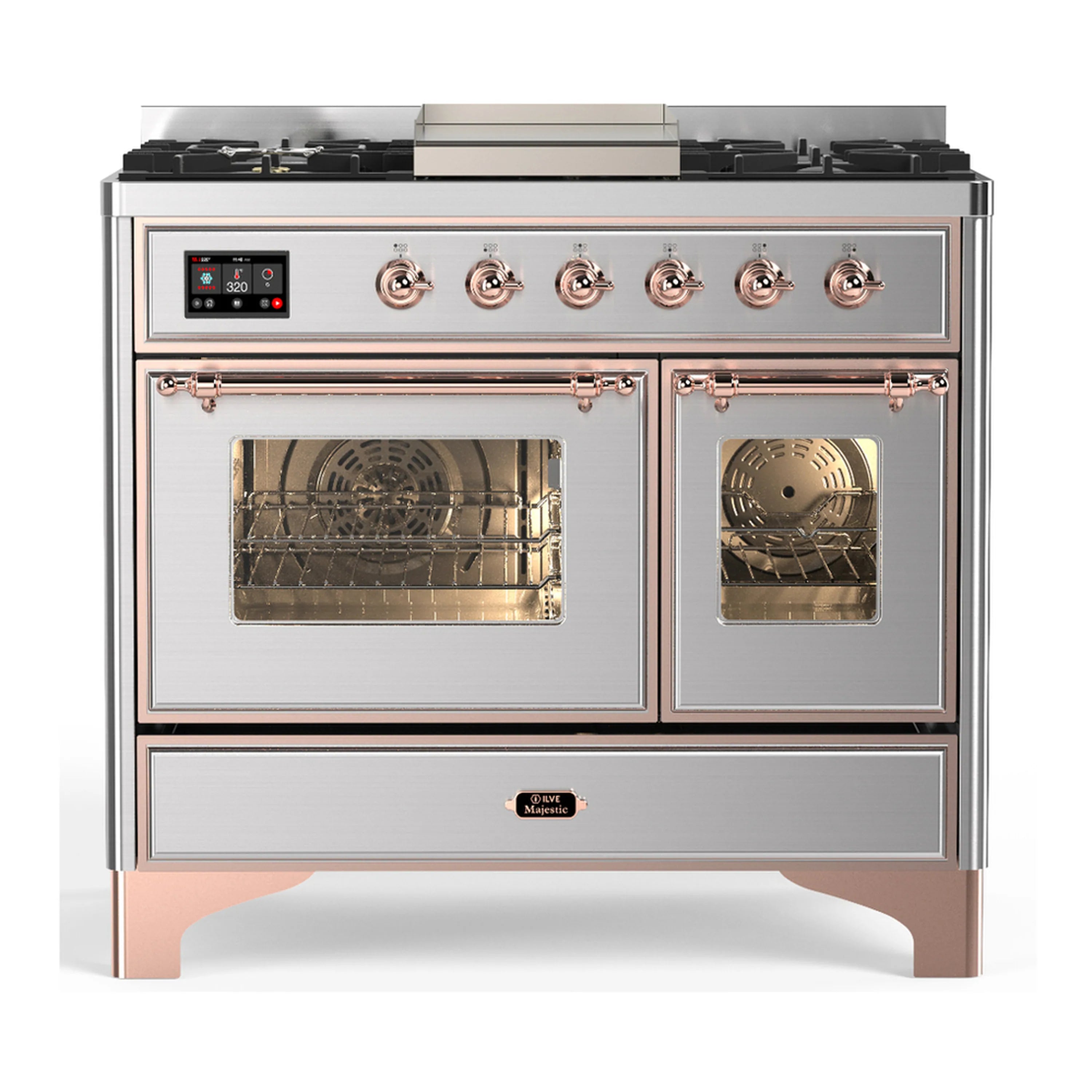 Stainless steel dual fuel range with copper trim, gas burners, and two oven doors