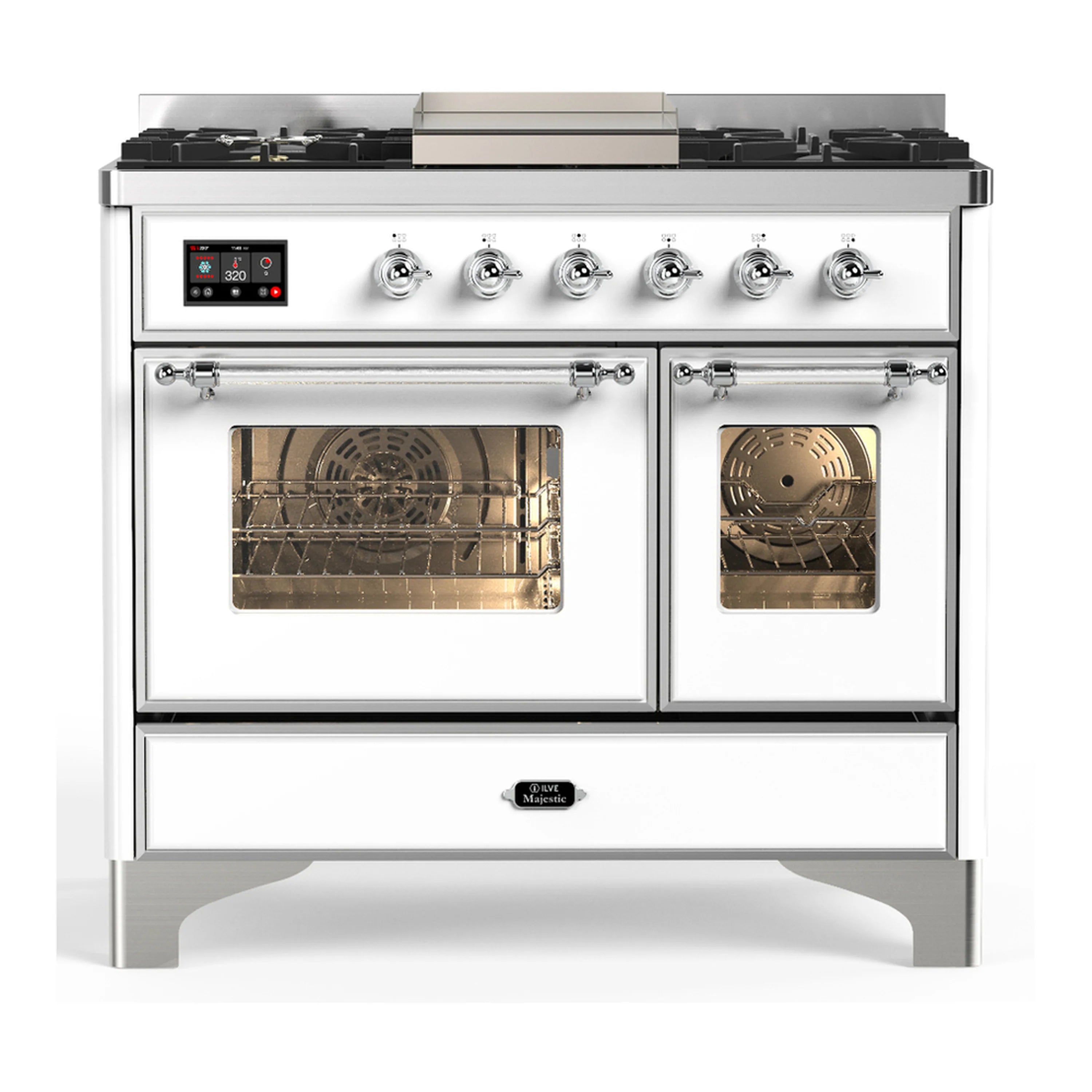 ILVE white dual fuel range with both ovens open and chrome-trimmed door handles