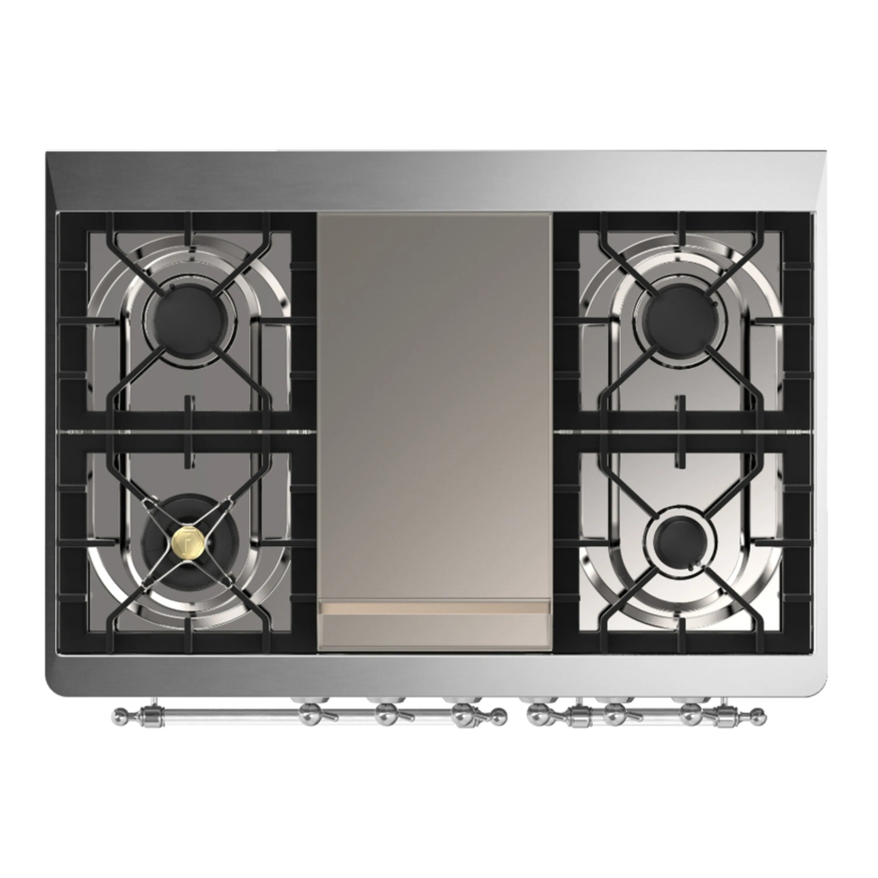 ILVE white dual fuel range cooktop with two gas burner grates and center panel
