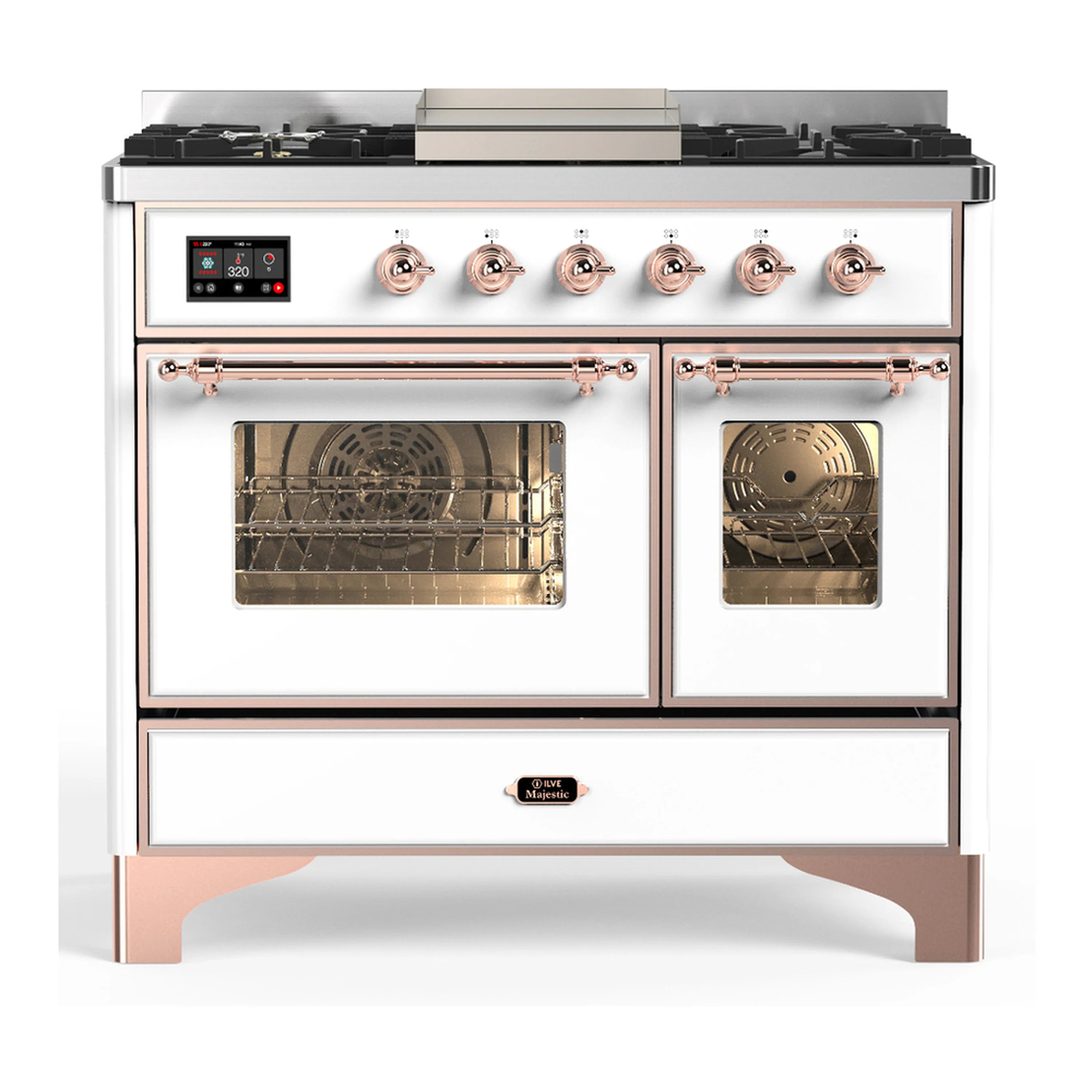 White dual fuel range with copper trim; dual ovens open and control panel above