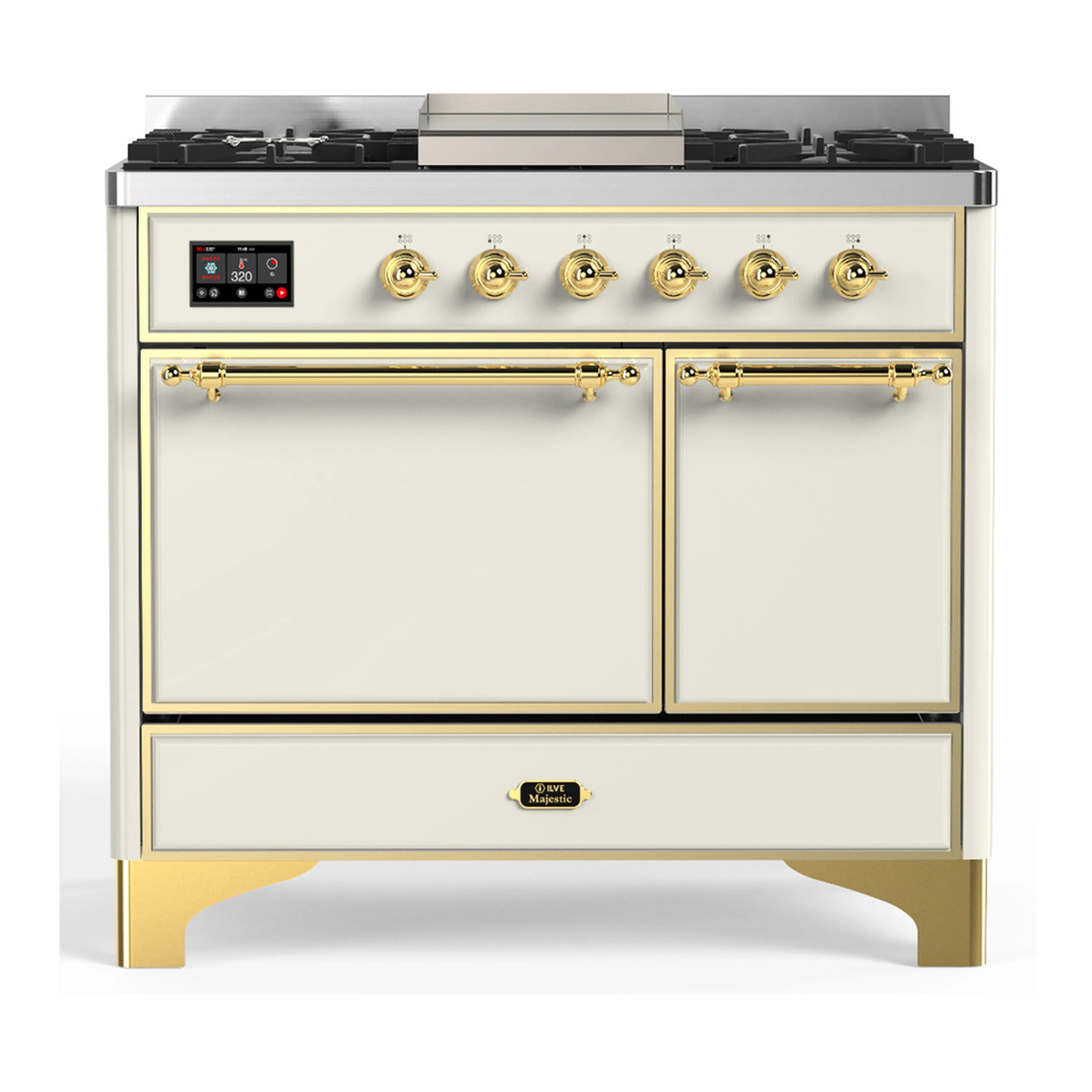 Antique white dual fuel range with brass trim, control panel and two oven doors