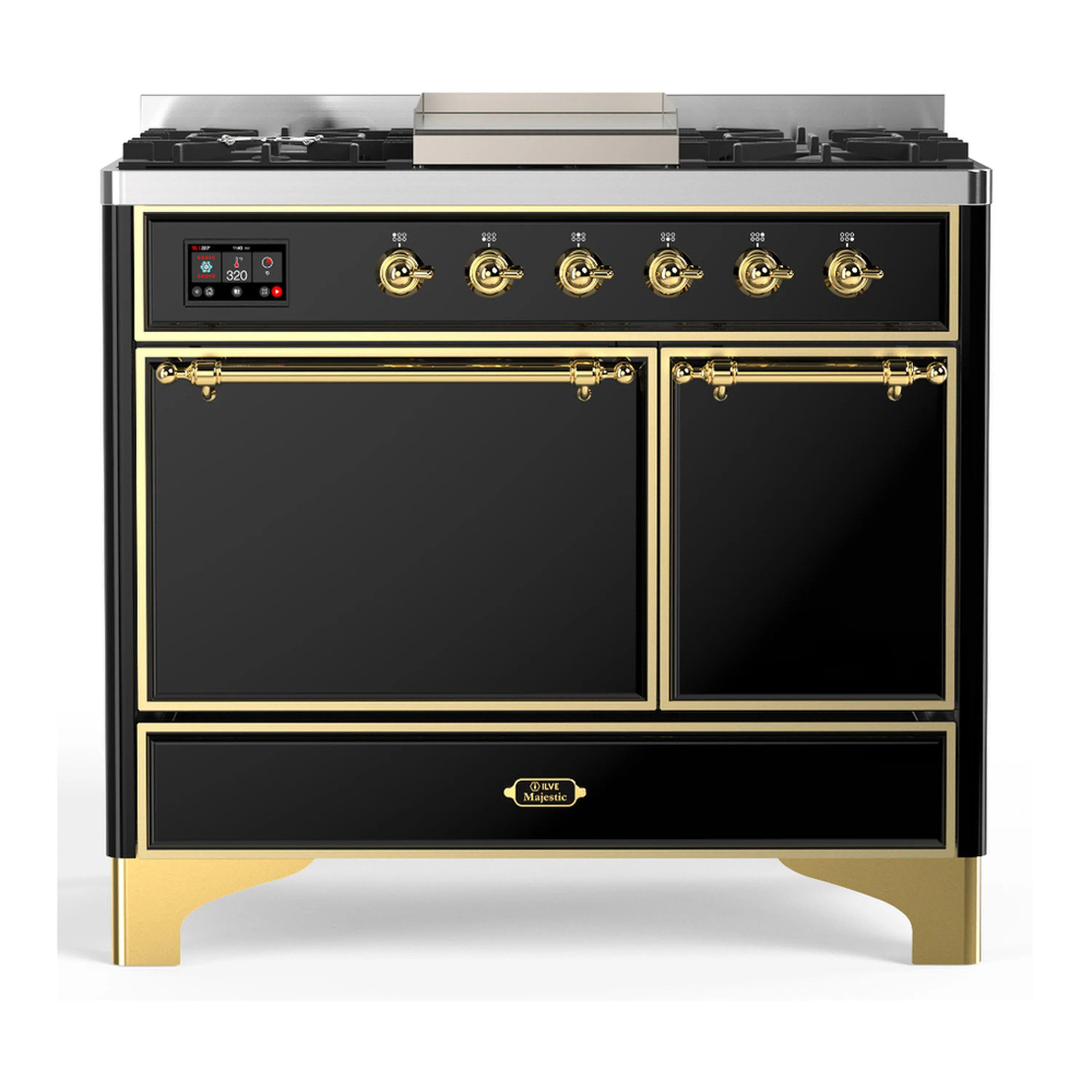 Glossy black dual-fuel range with brass trim, six burners, griddle, and twin doors