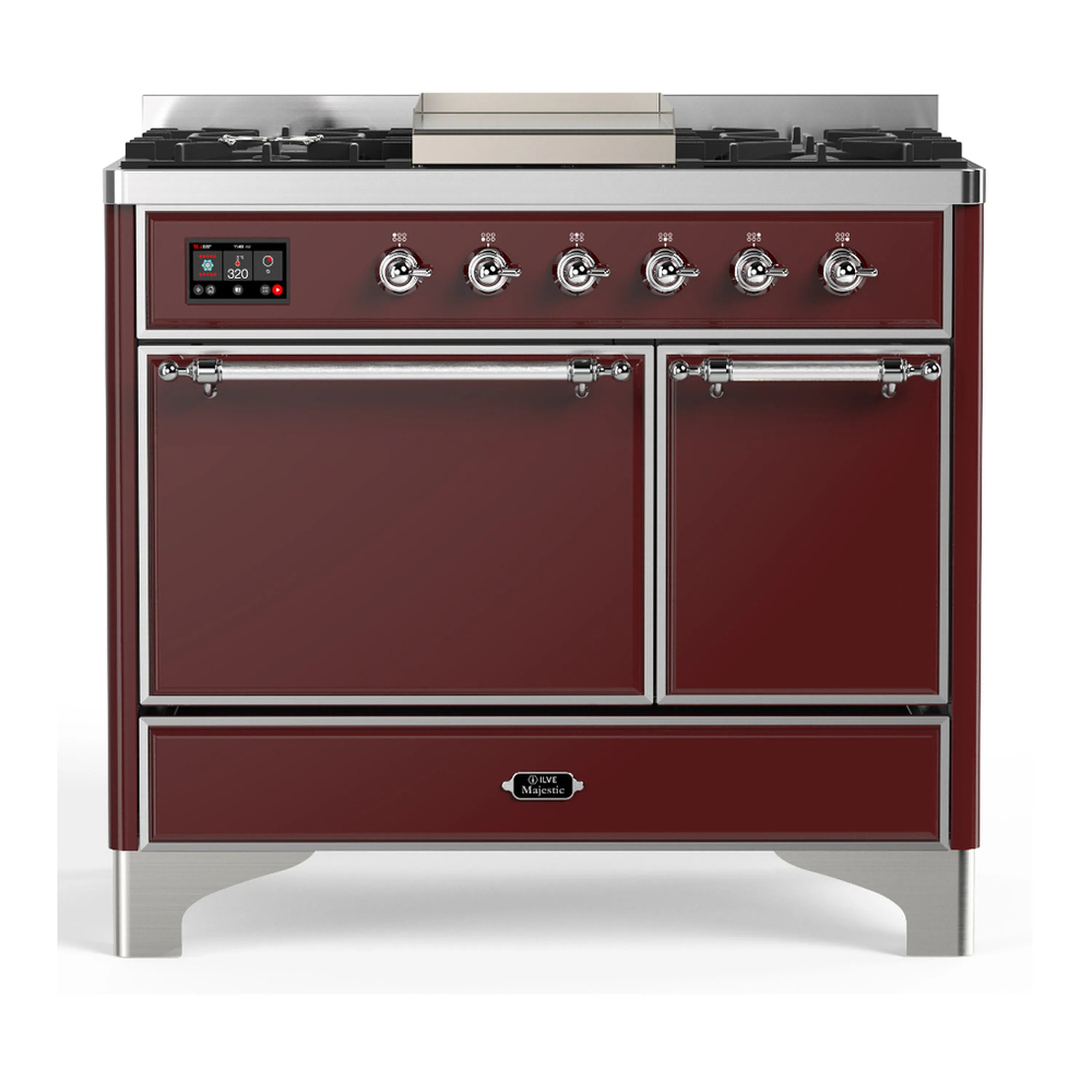 Burgundy dual fuel range with closed oven doors, chrome knobs, and storage drawer