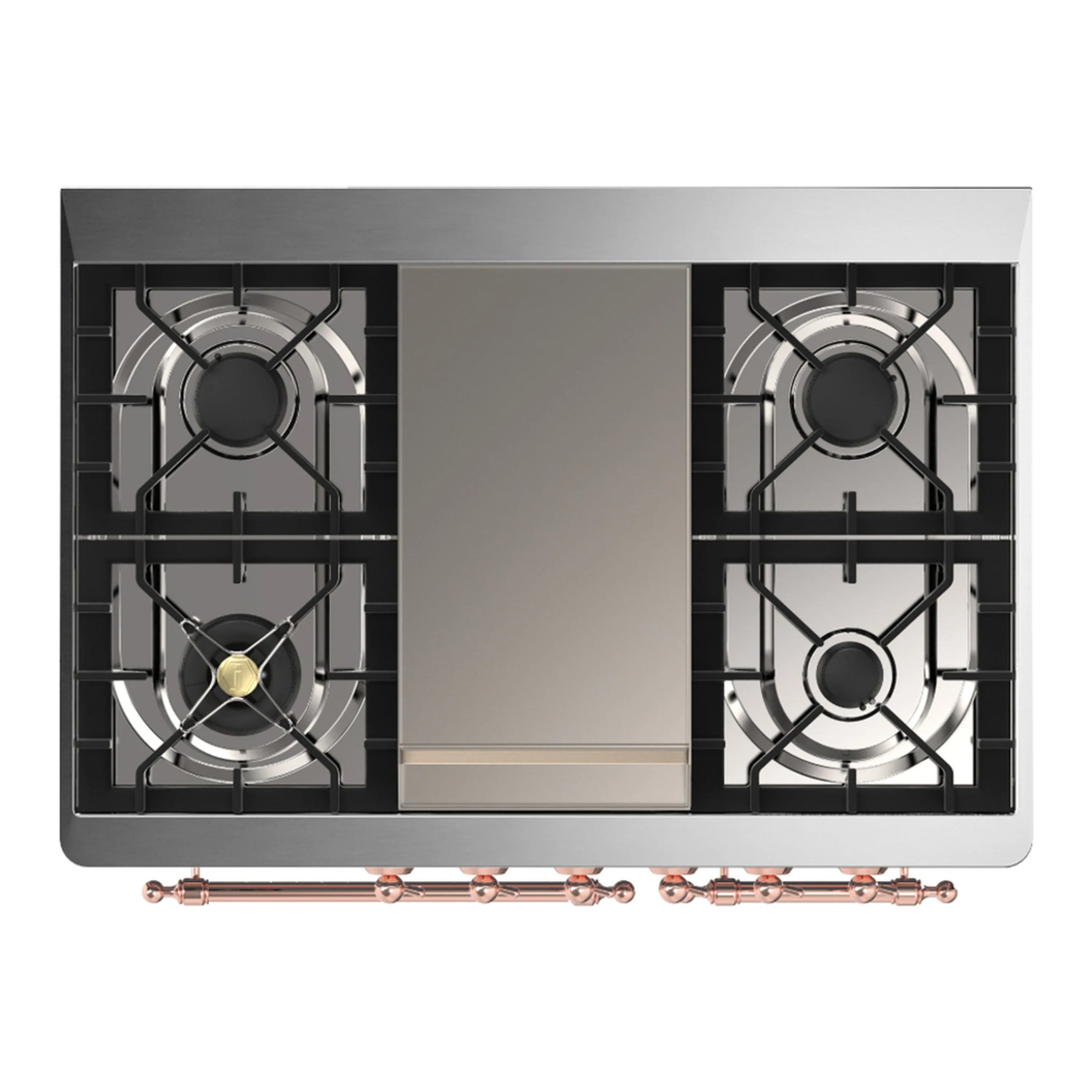 Dual fuel range cooktop with four gas burners and black grates, viewed from above