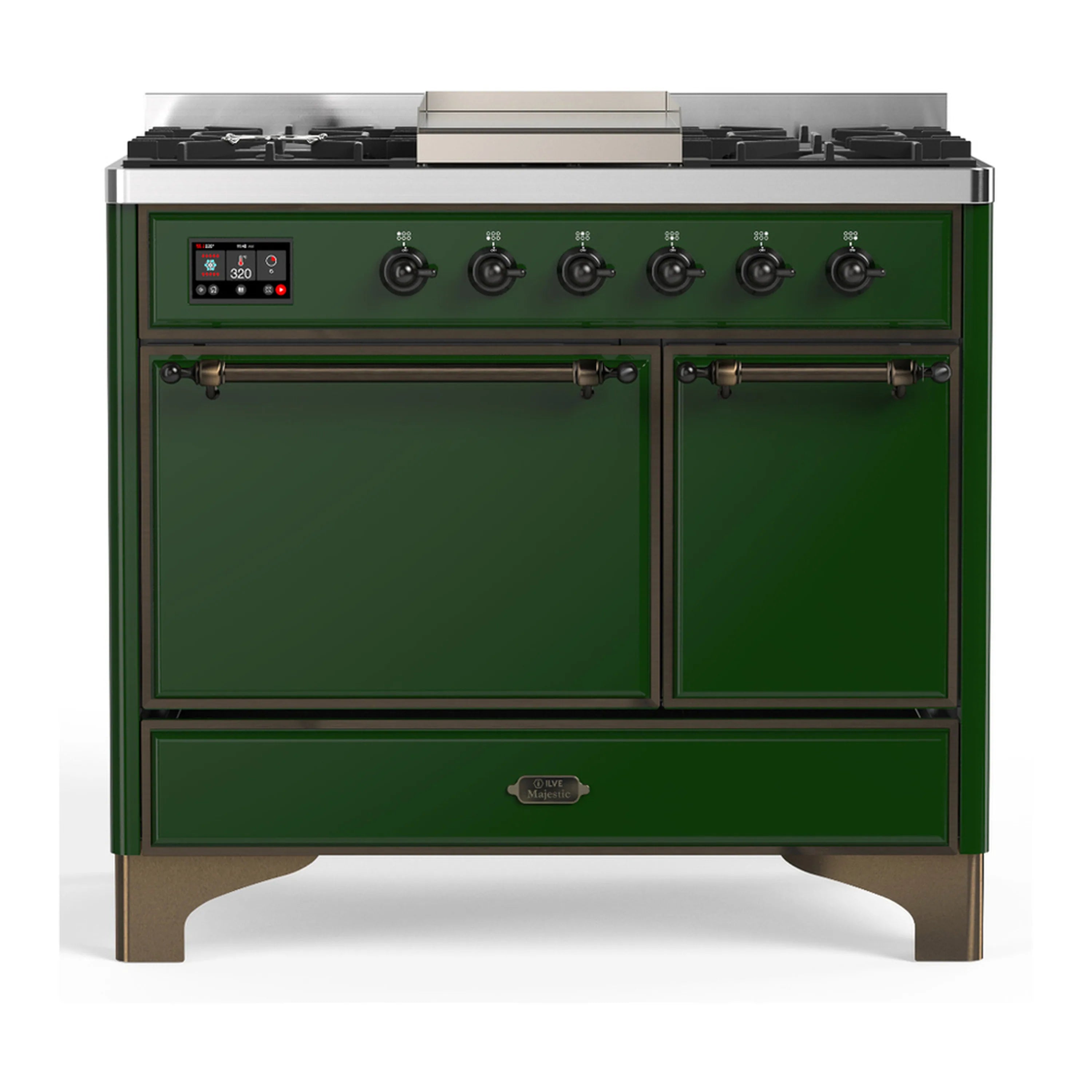 Emerald green dual fuel range with burners, two oven doors, and lower storage drawer
