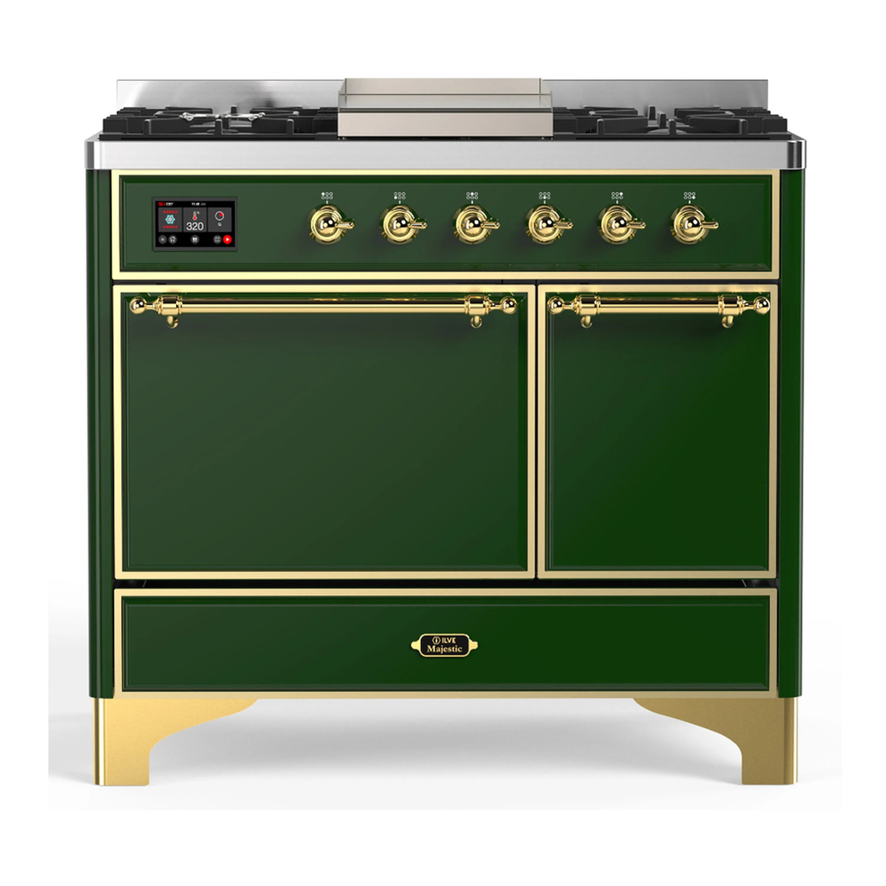 Emerald green dual fuel range with brass trim, gas burners, and electric oven doors