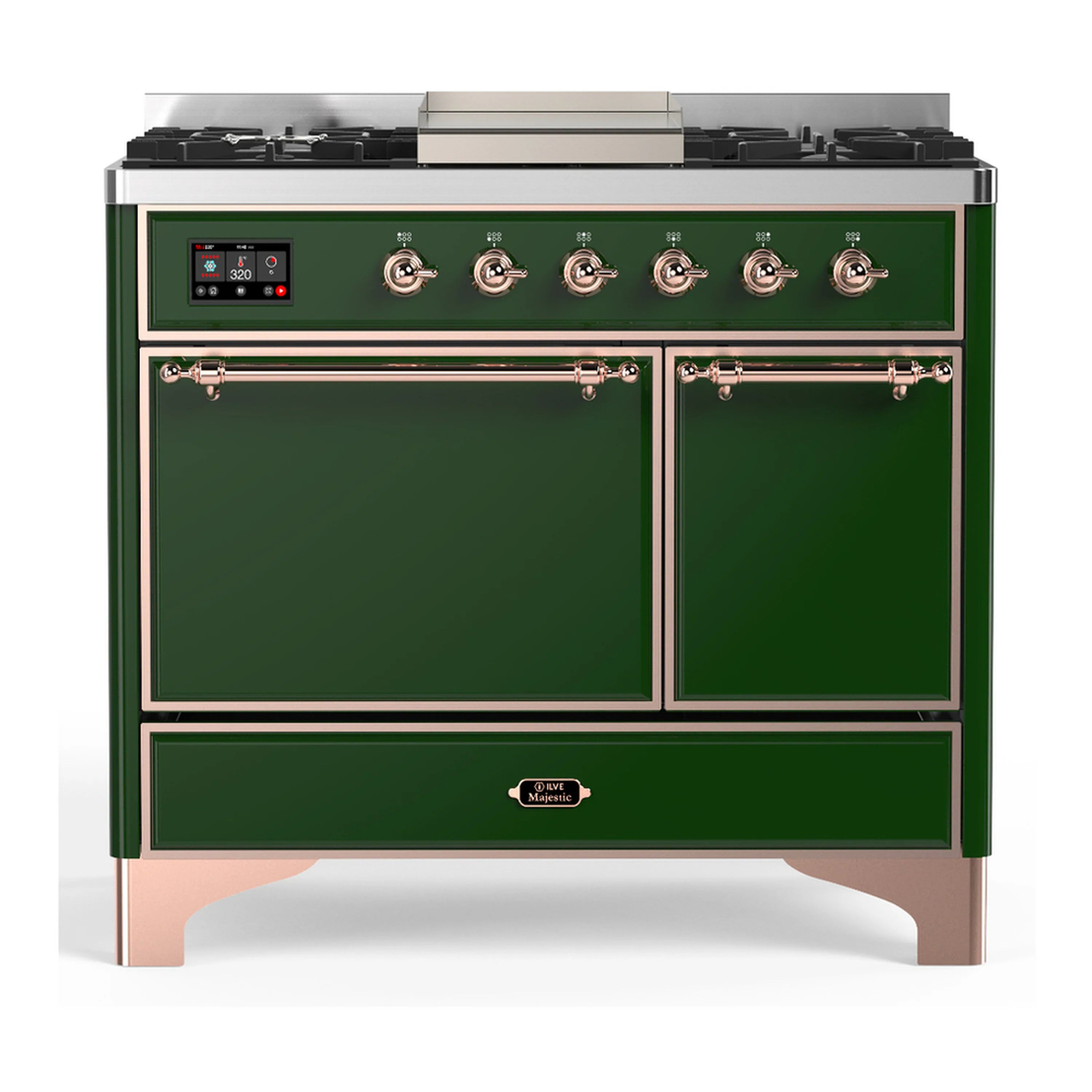 Emerald green dual fuel range with copper-trim control panel and six gas burners