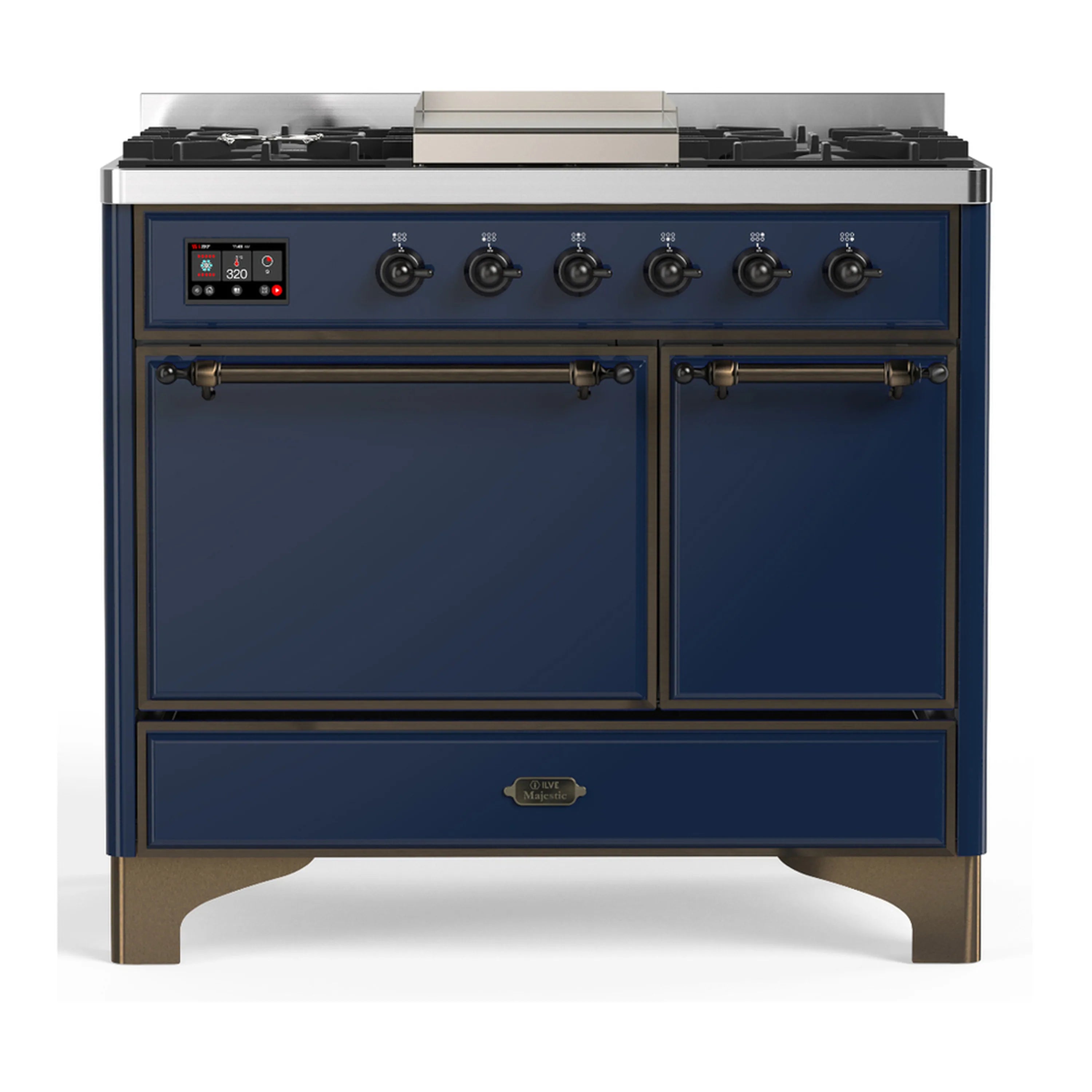 Midnight blue dual fuel range with closed oven doors and storage drawer, six burners and griddle