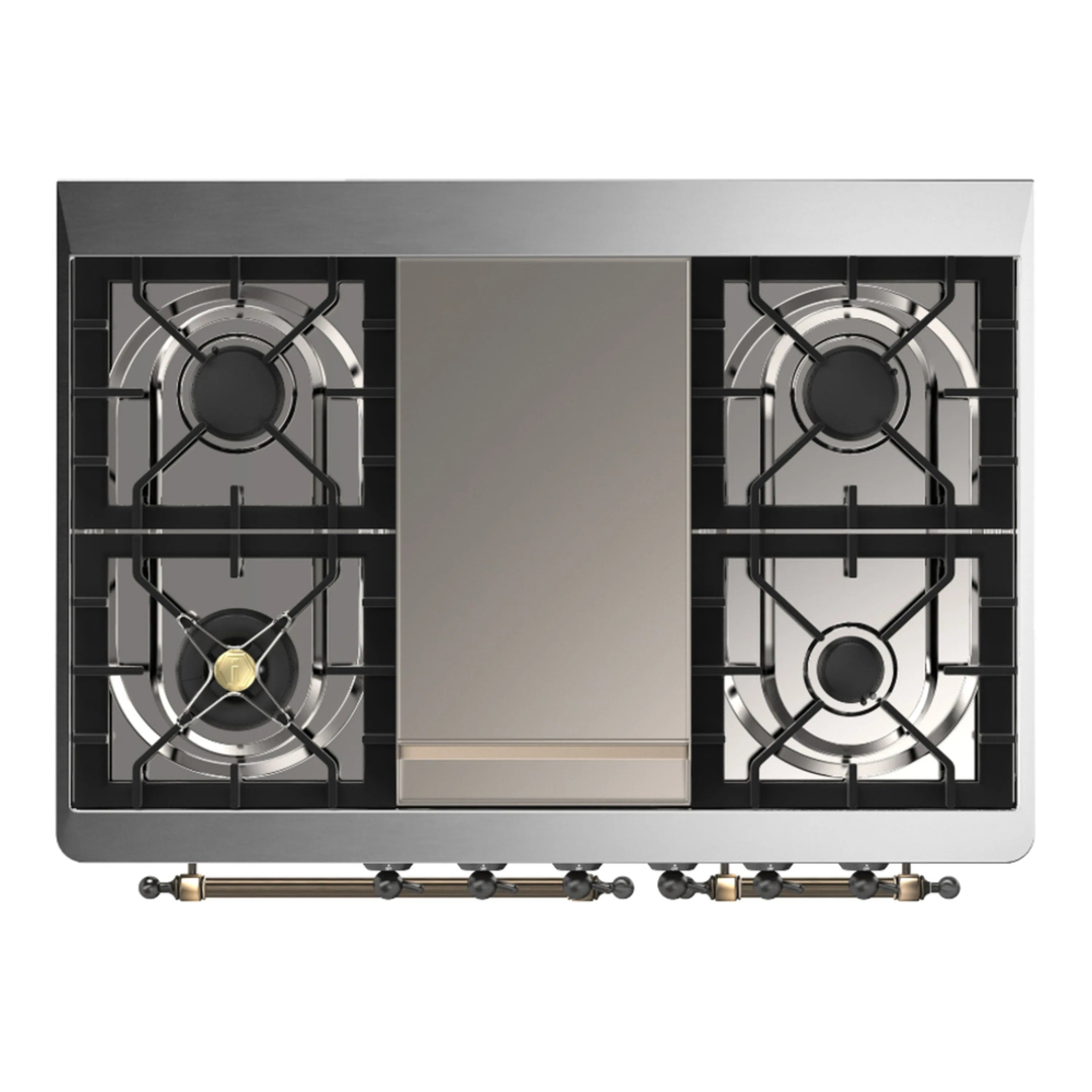 Dual fuel range cooktop underside view with four burners and center ignition components