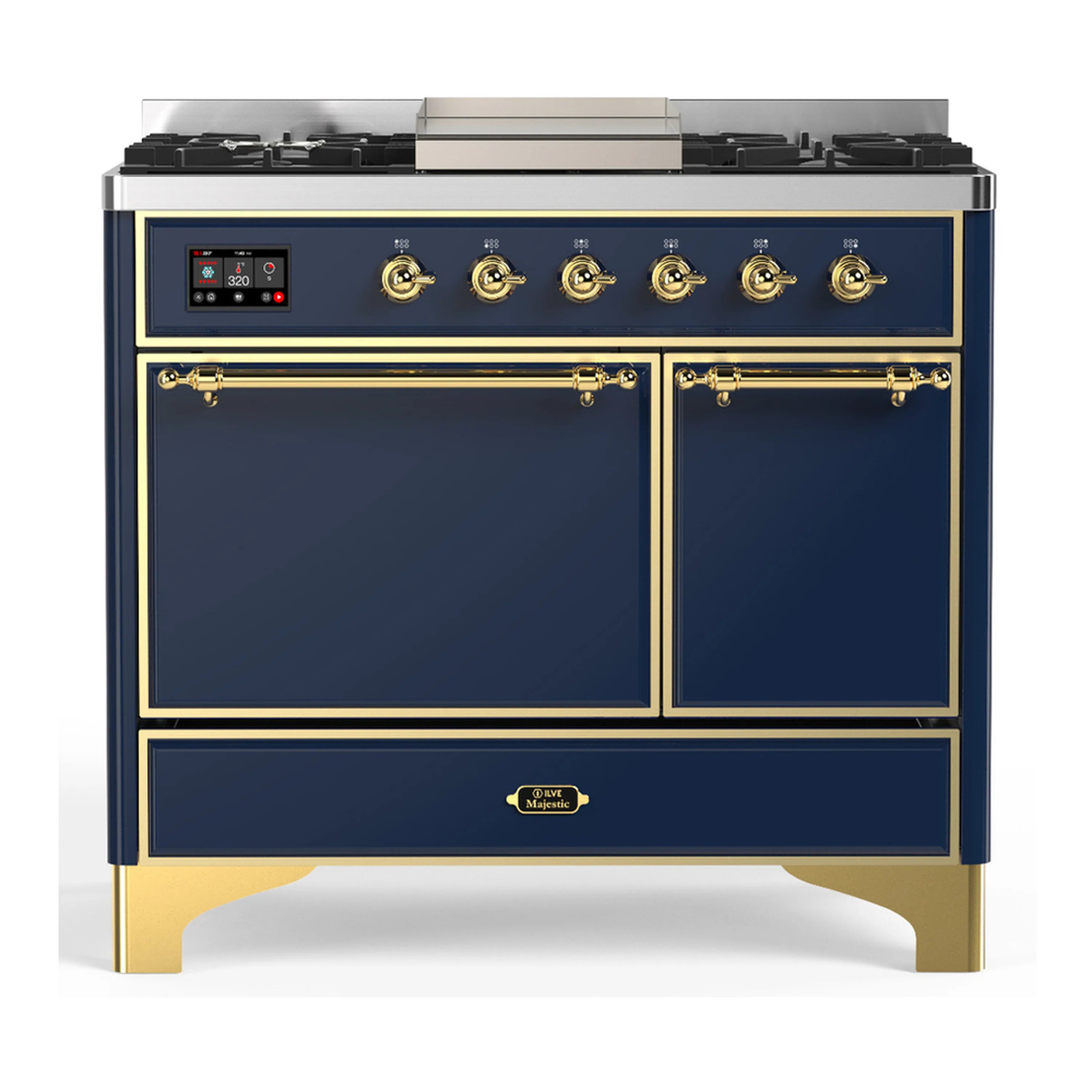 ILVE Majestic III dual fuel range, blue grey with brass trim, flat-top burners and oven doors