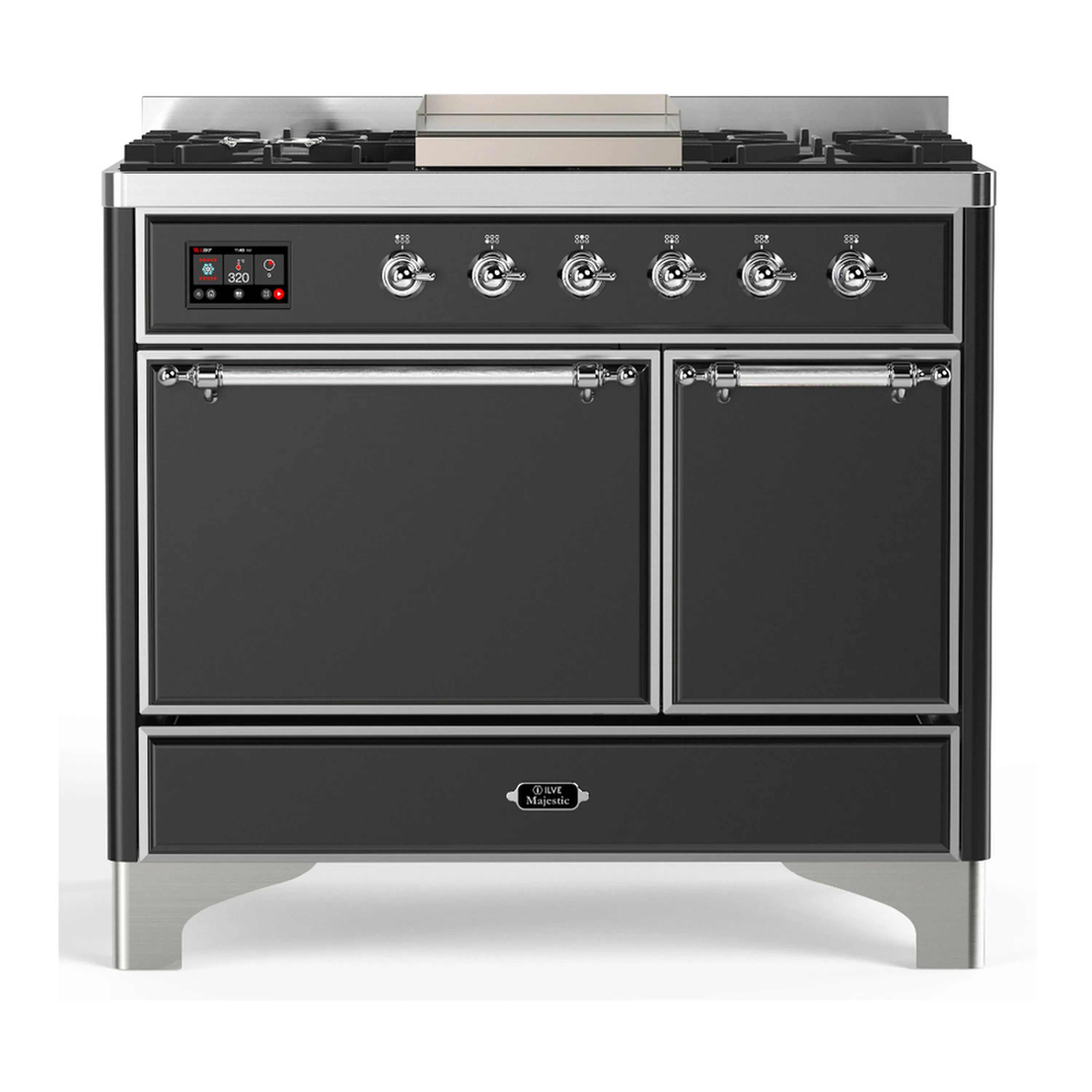 Graphite matte dual fuel range with chrome trim, 6 gas burners, two solid oven doors