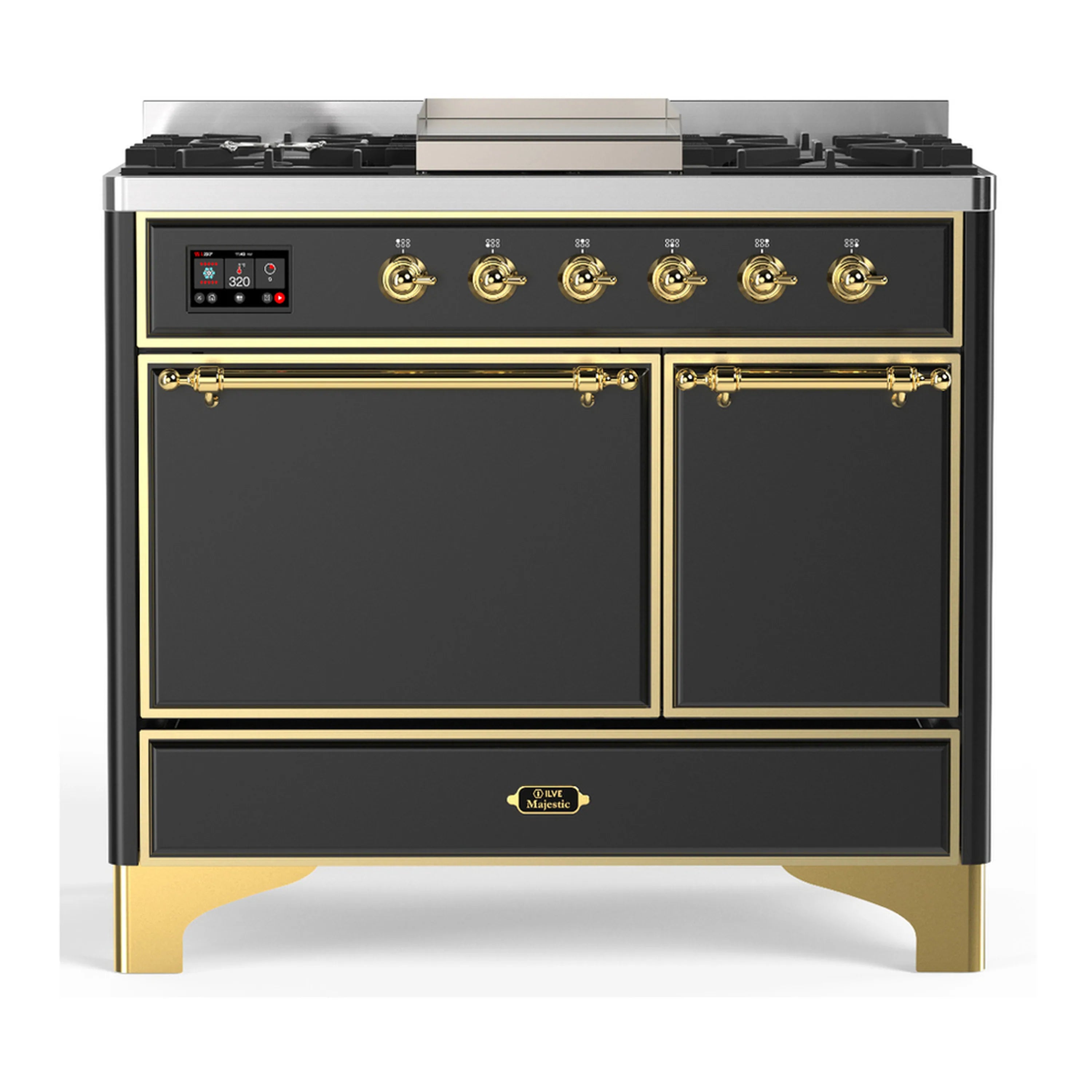 Graphite matte dual fuel range with brass trim, burners, and two oven doors