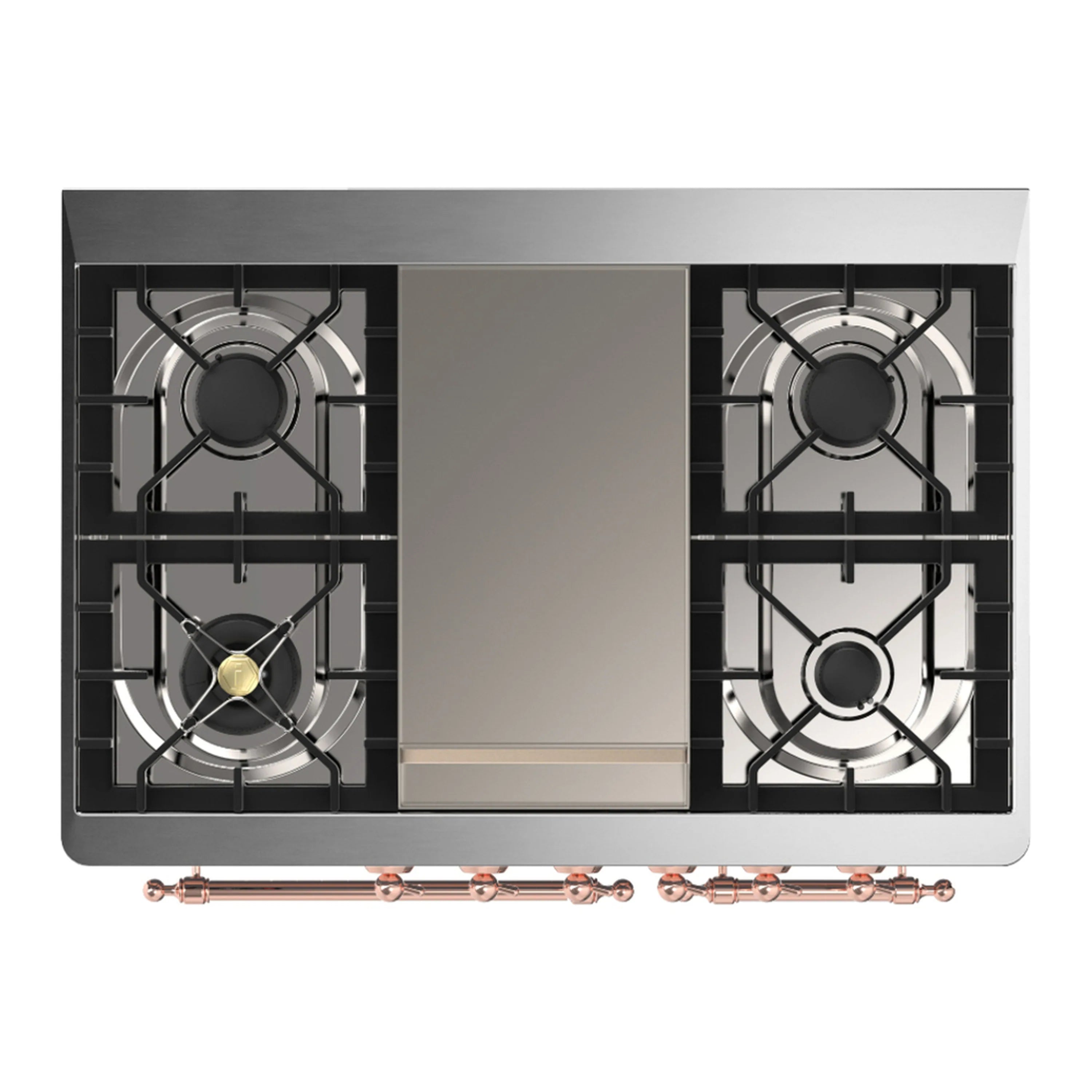Cooktop burners with grates and central griddle section on graphite matte range