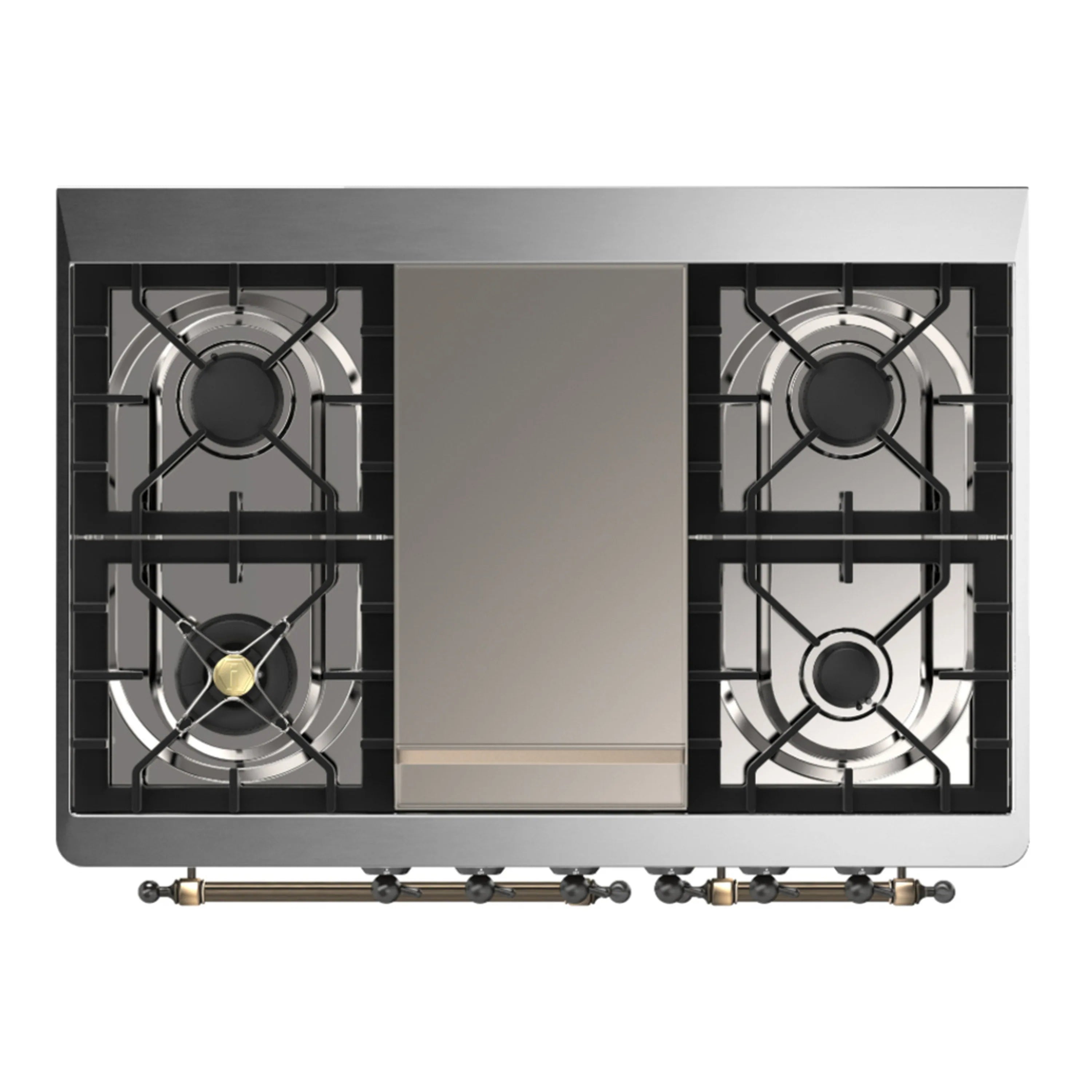 Dual fuel range rear view with two gas burner sections and brass gas fittings