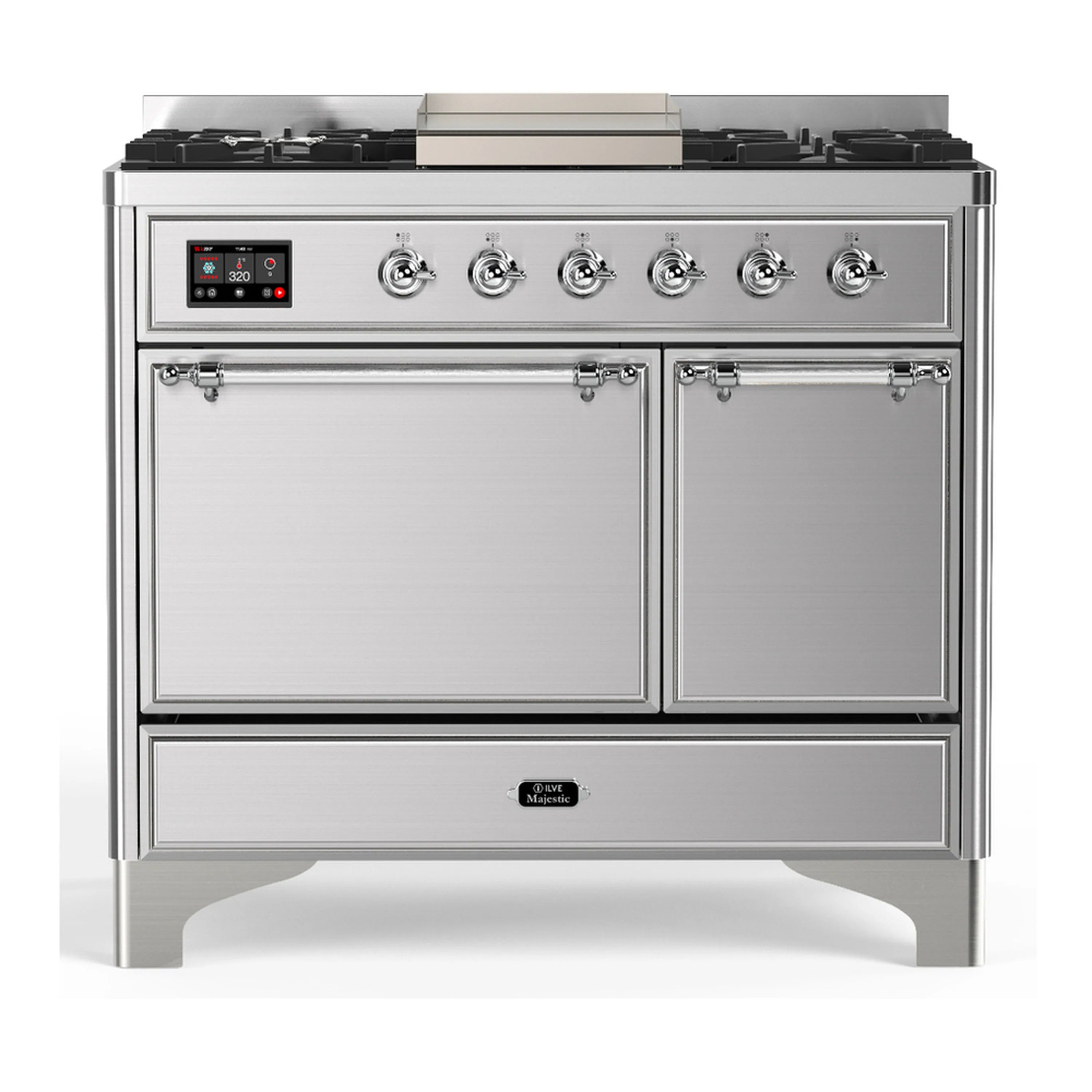 Stainless dual-fuel range with six gas burners, griddle, and control panel