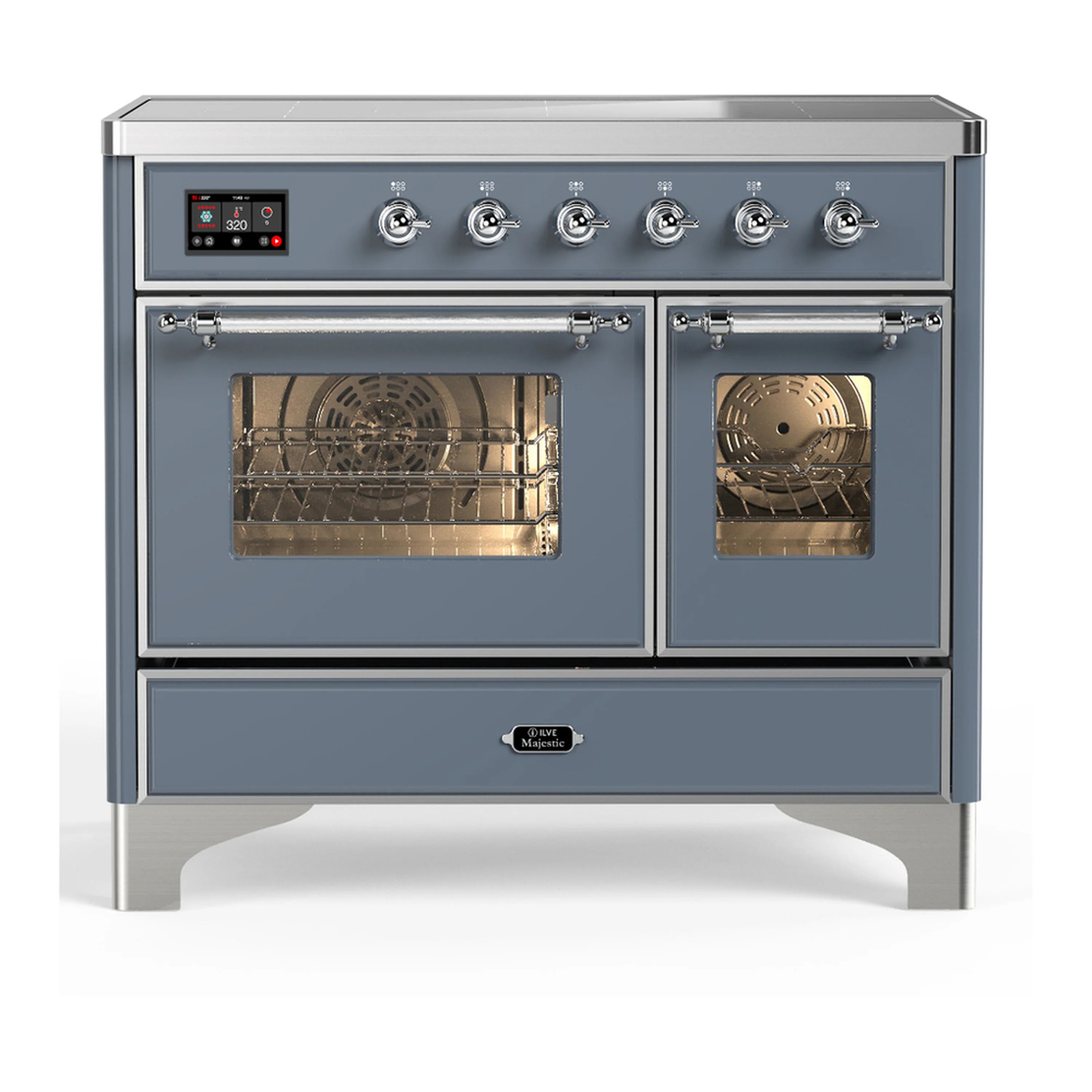 Blue-grey induction range with two oven doors, chrome control knobs, and open glass windows