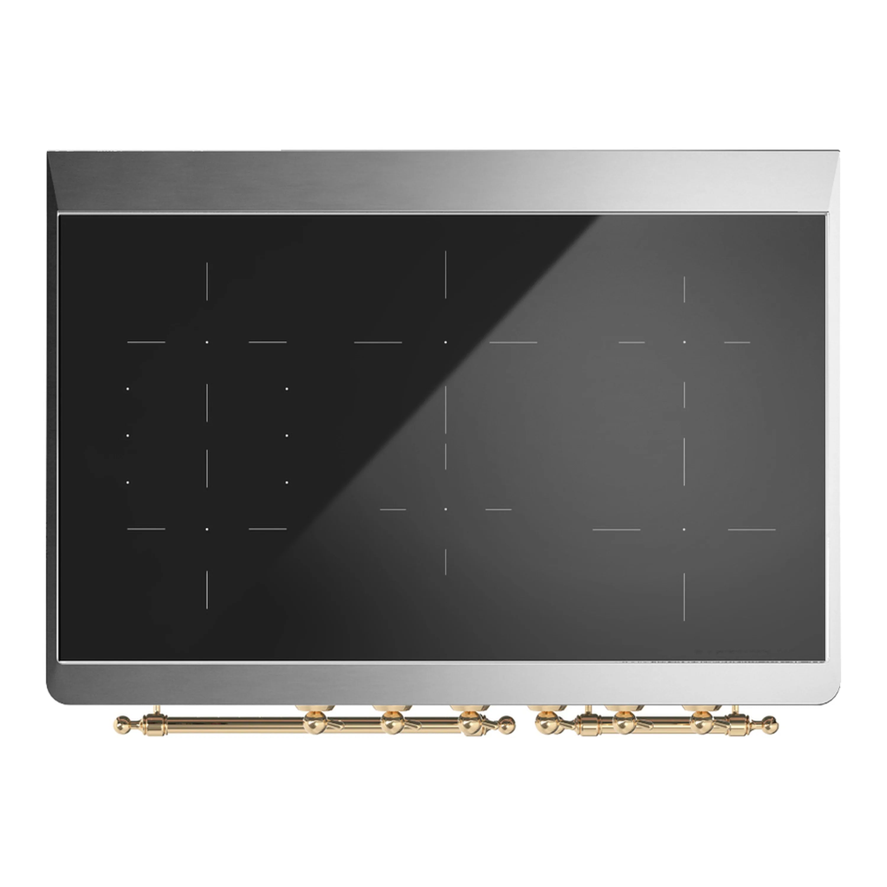 Blue grey induction cooktop with black glass surface and brass front control knobs.